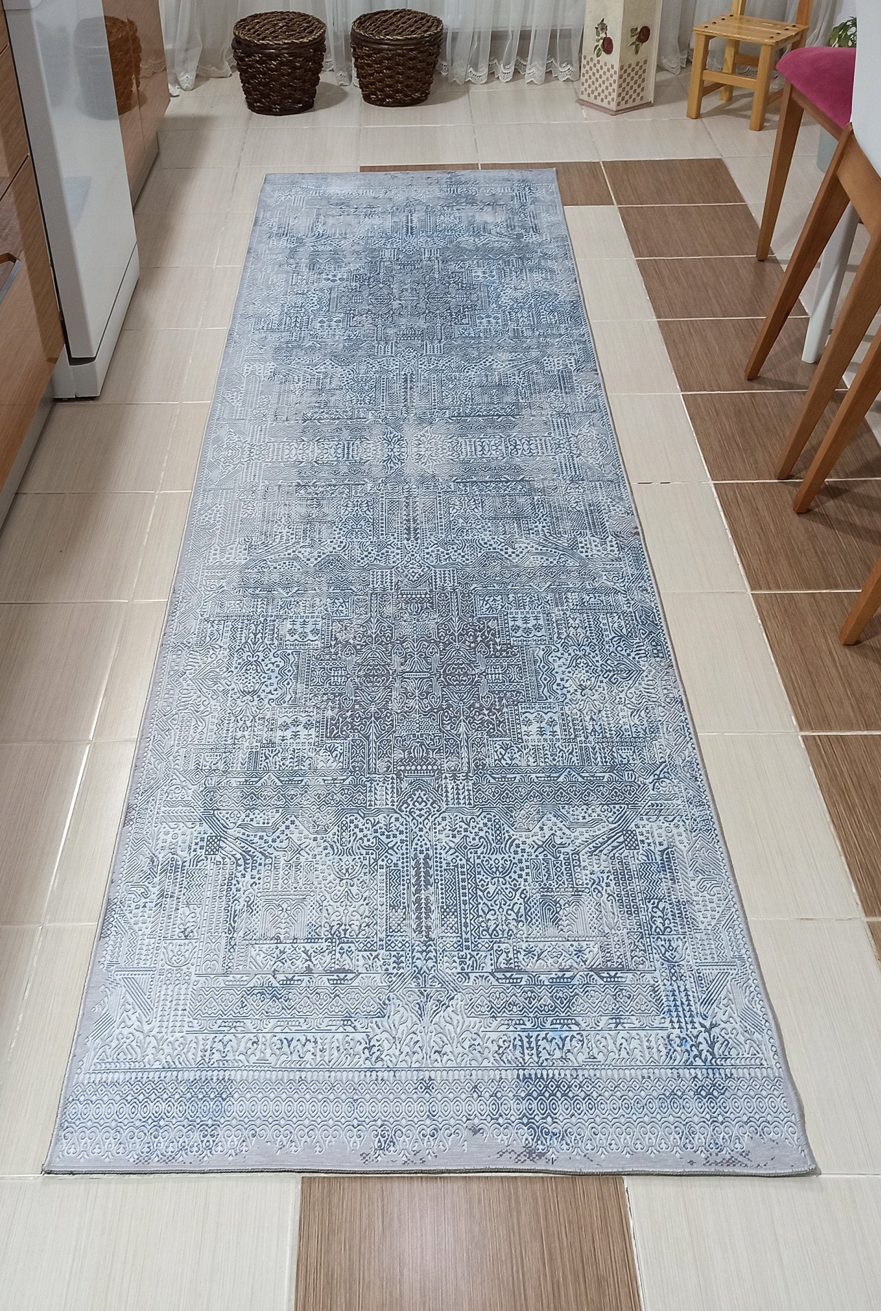Pana Runner Turkish Distressed Gray Light Blue White Rug