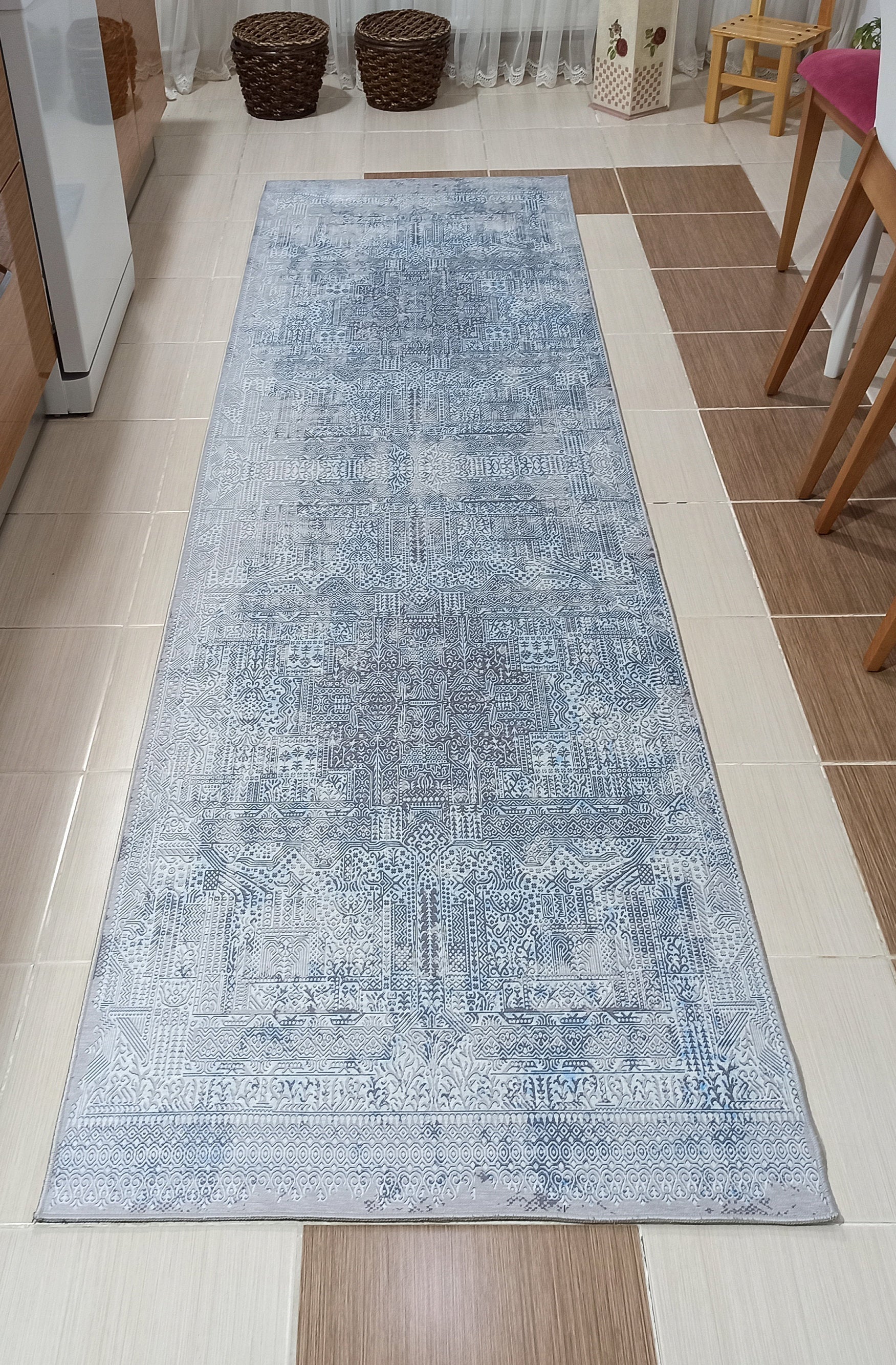 Pana Runner Turkish Distressed Gray Light Blue White Rug