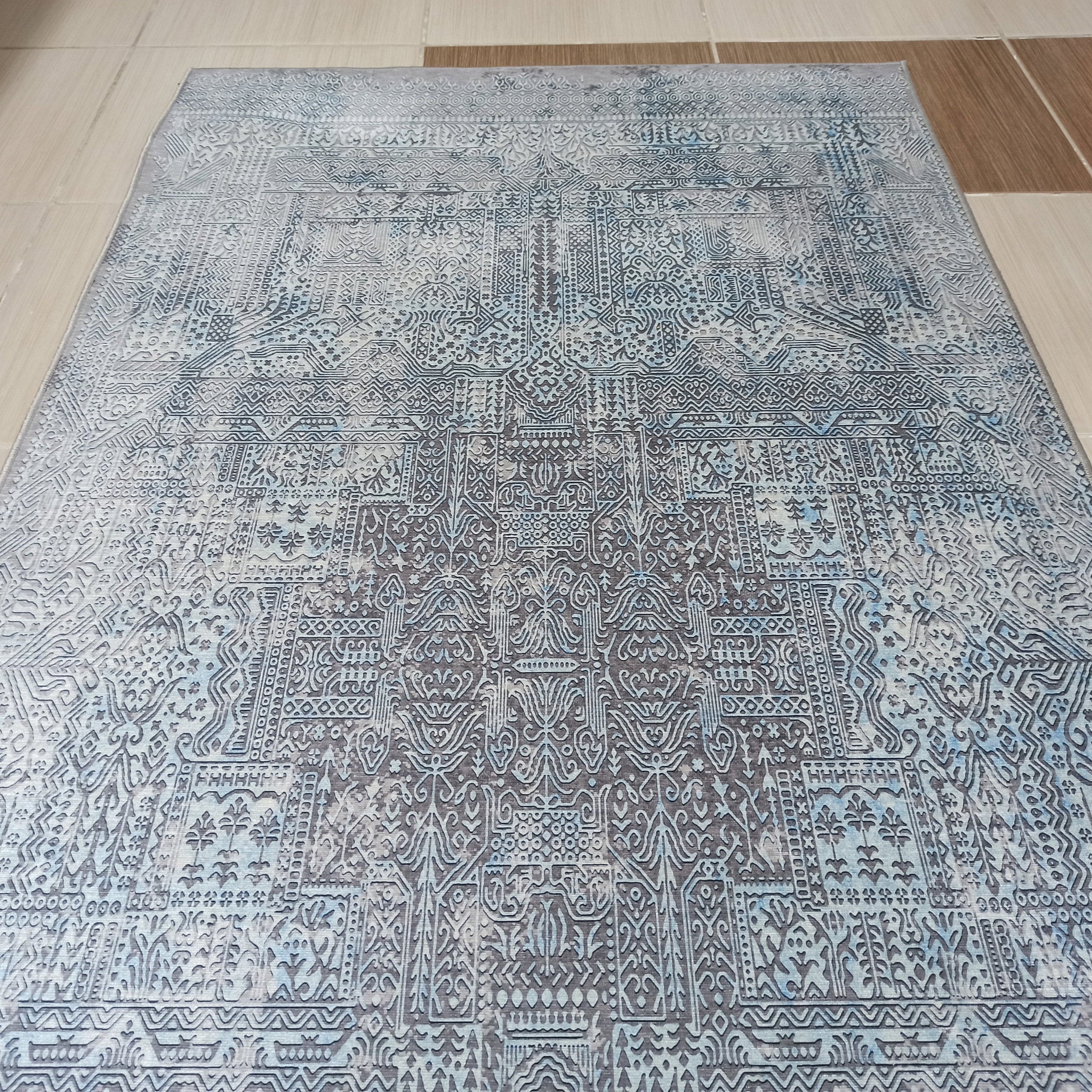 Pana Runner Turkish Distressed Gray Light Blue White Rug