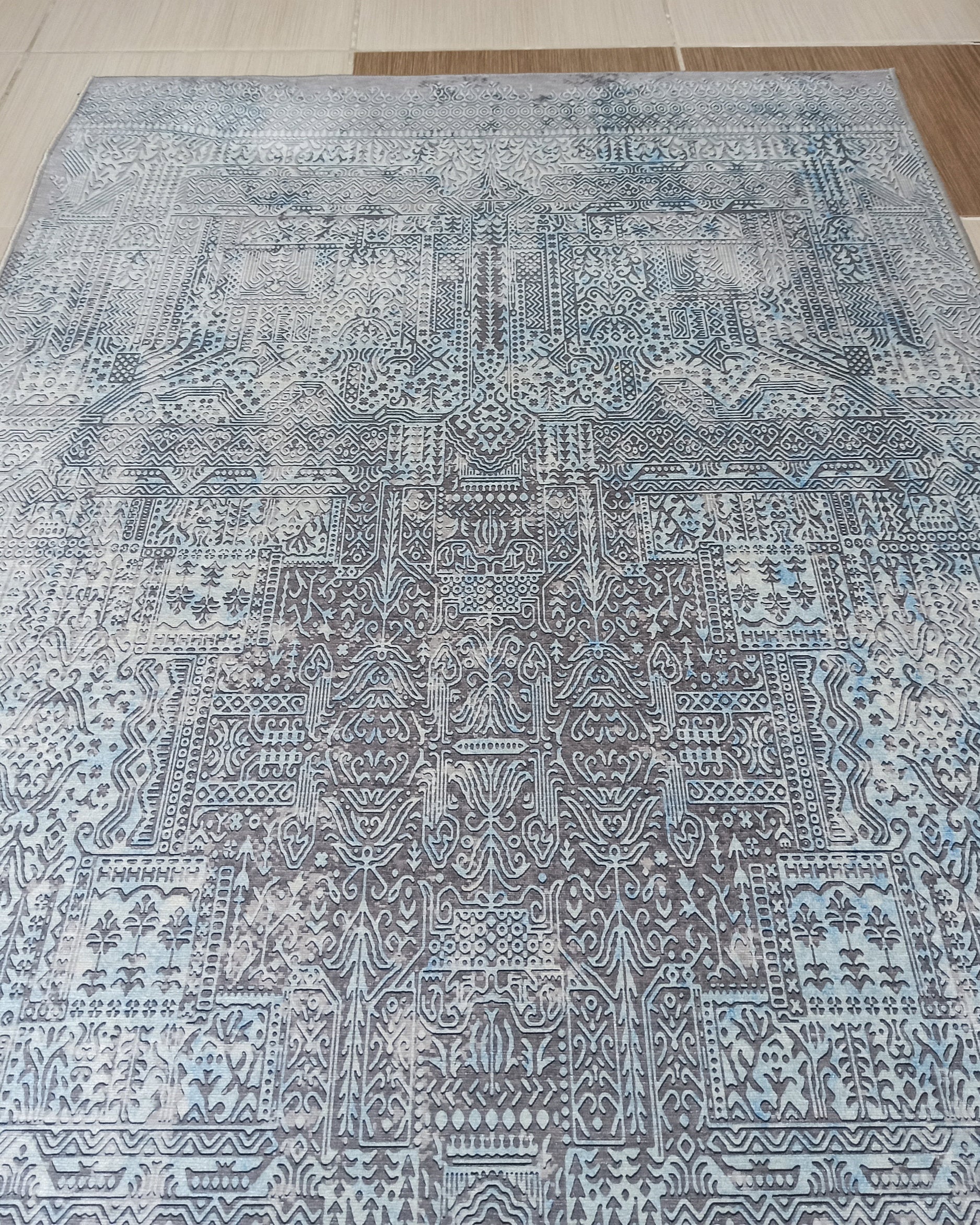 Pana Runner Turkish Distressed Gray Light Blue White Rug