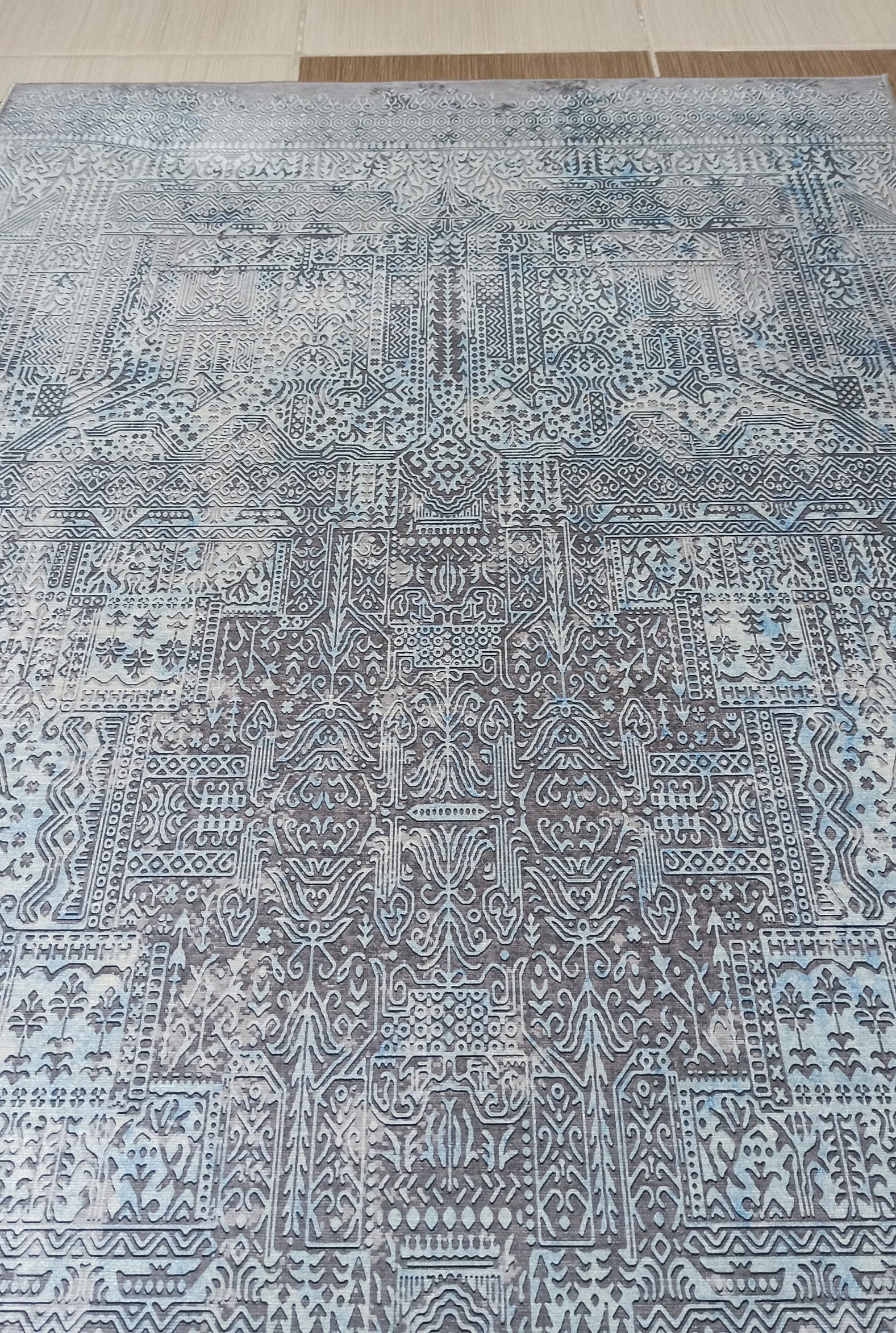 Pana Runner Turkish Distressed Gray Light Blue White Rug