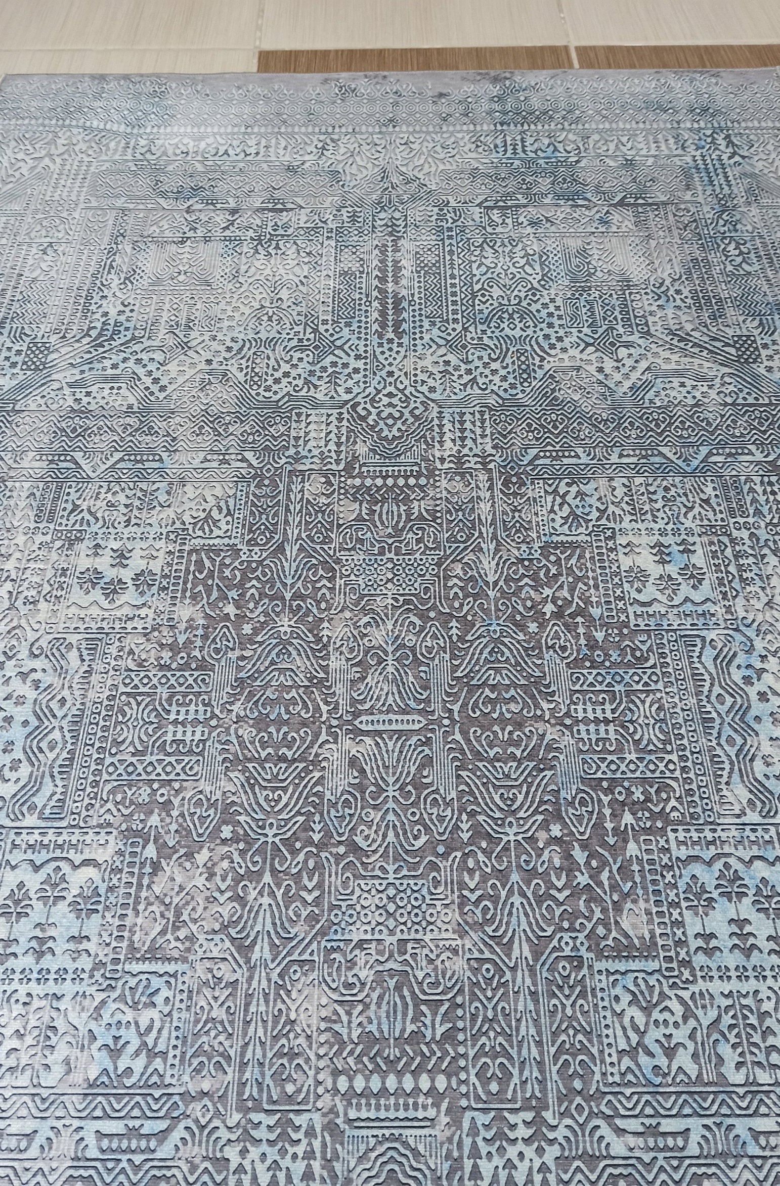 Pana Runner Turkish Distressed Gray Light Blue White Rug
