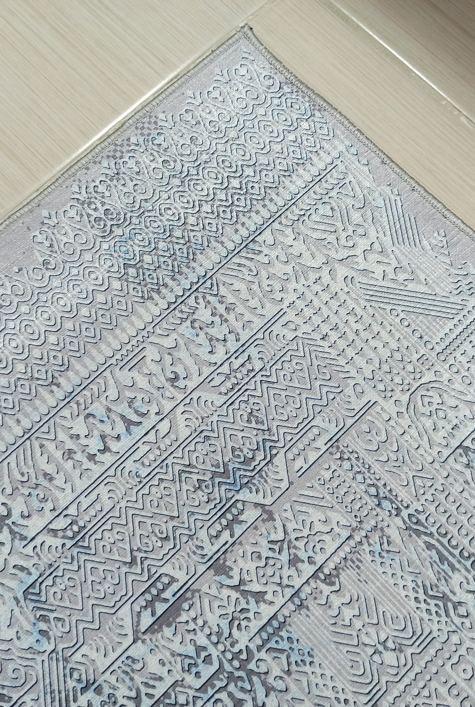 Pana Runner Turkish Distressed Gray Light Blue White Rug