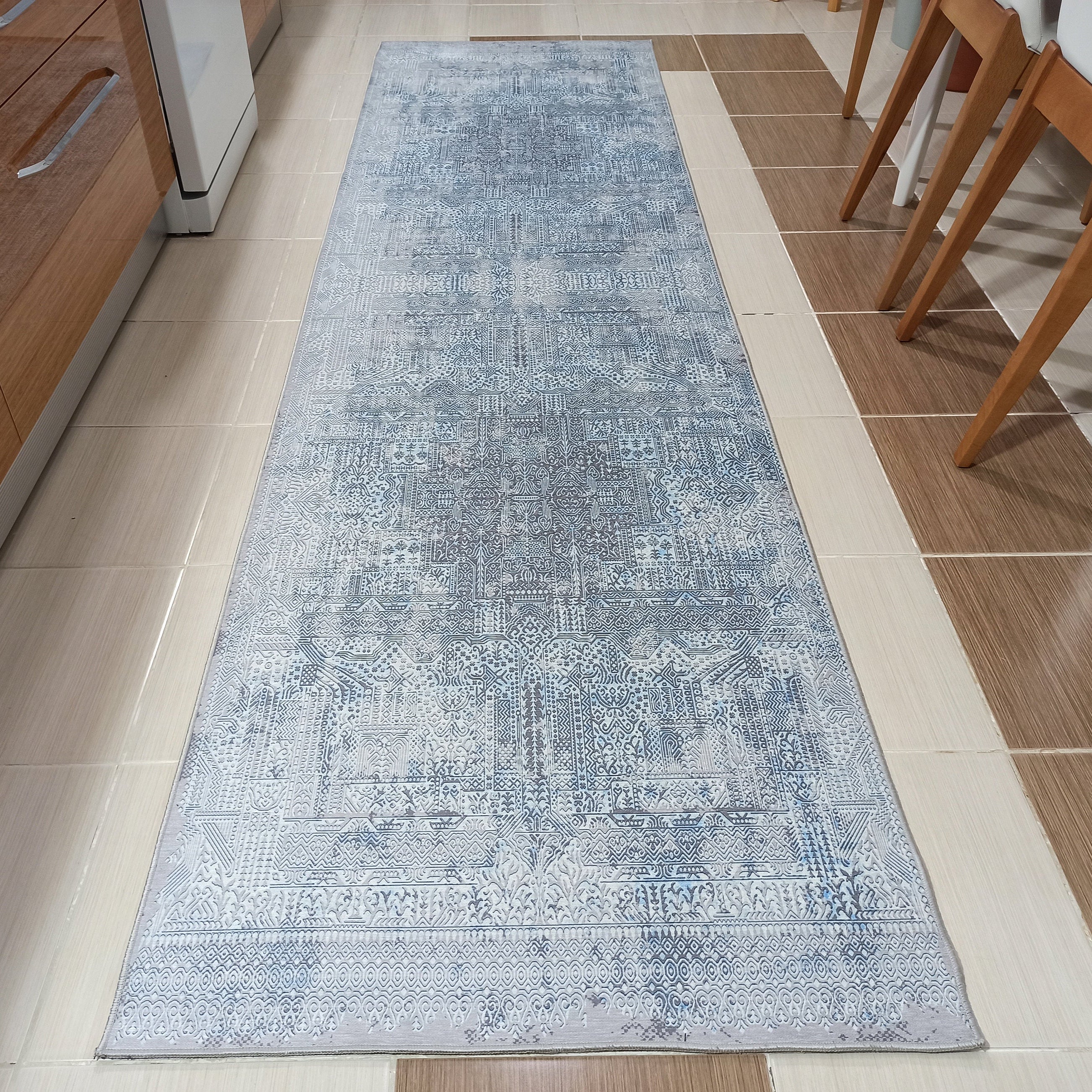 Pana Runner Turkish Distressed Gray Light Blue White Rug