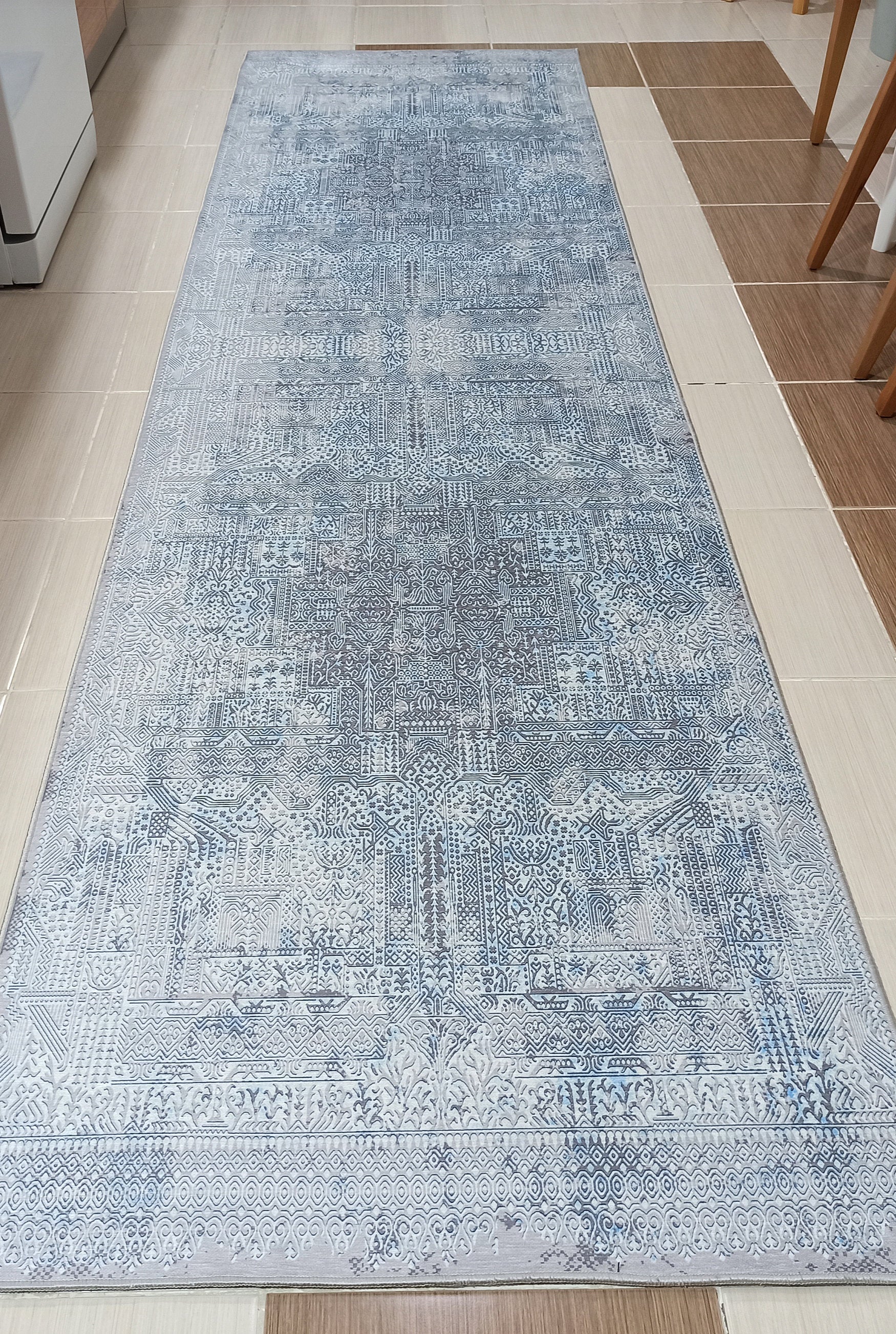Pana Runner Turkish Distressed Gray Light Blue White Rug