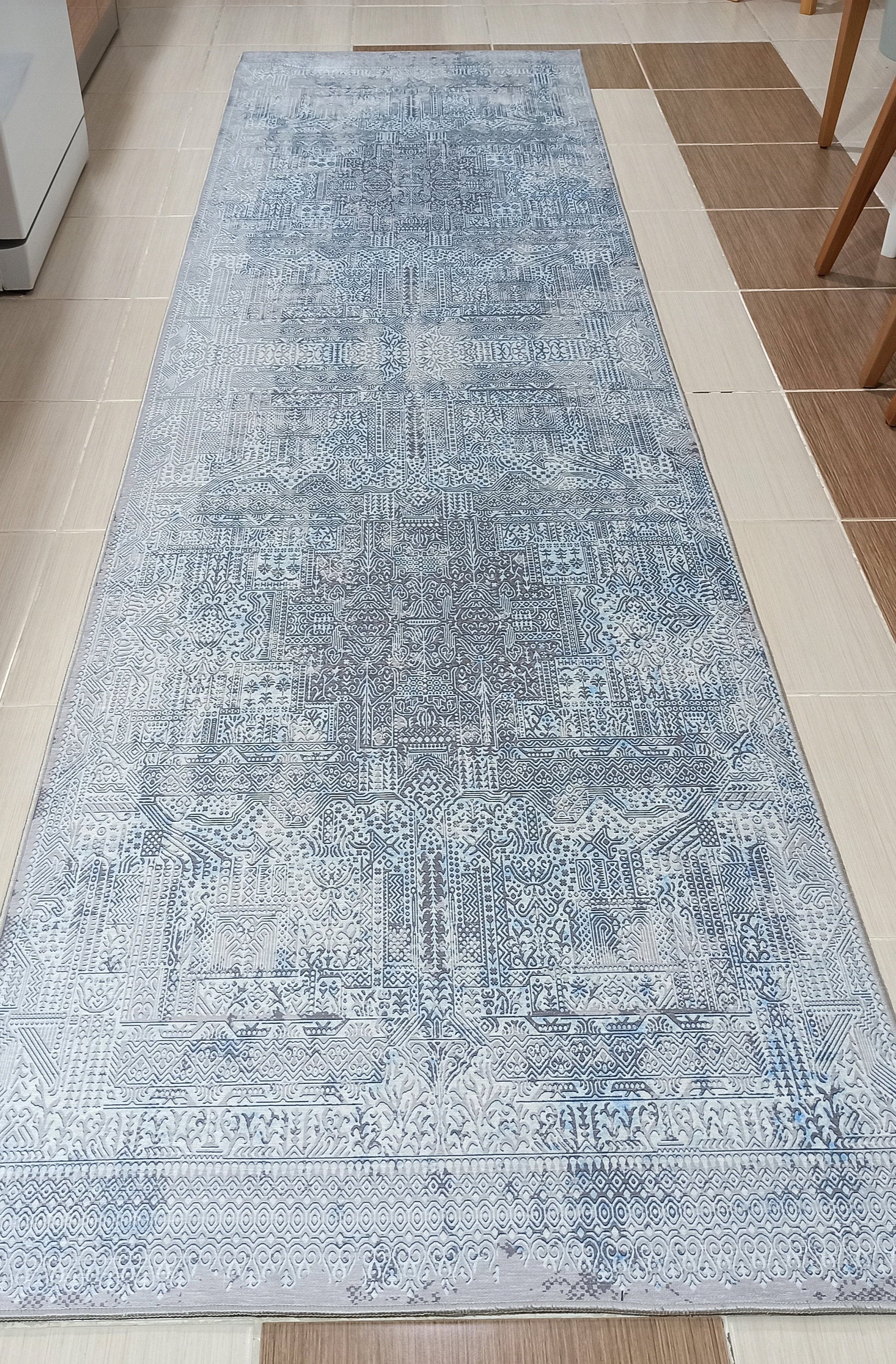 Pana Runner Turkish Distressed Gray Light Blue White Rug