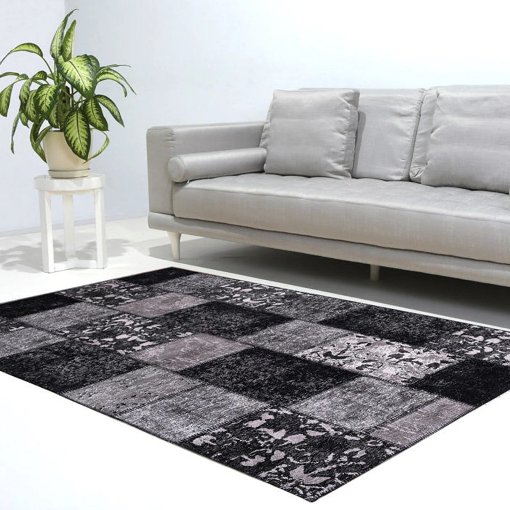 Carina Patchwork Black Distressed Turkish Rug