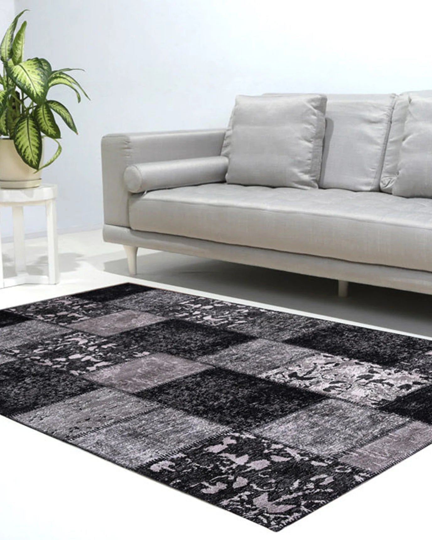 Carina Patchwork Black Distressed Turkish Rug