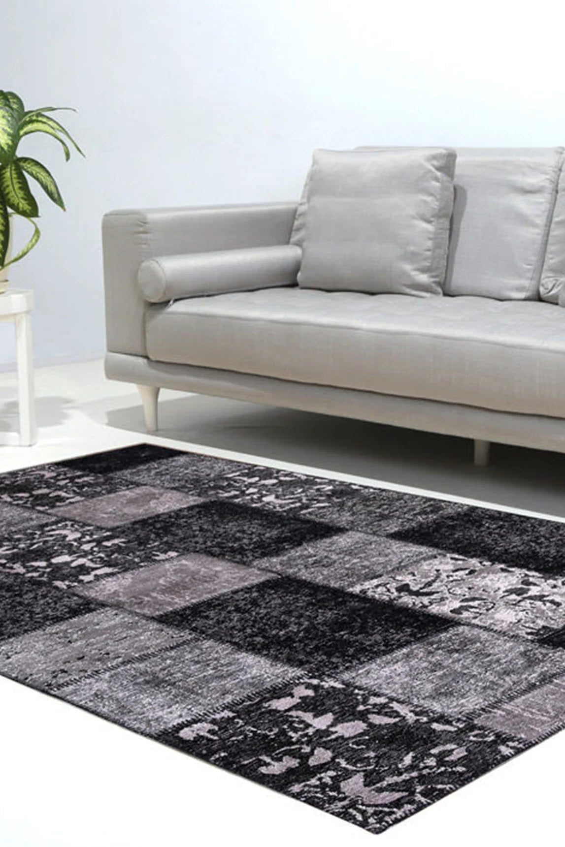 Carina Patchwork Black Distressed Turkish Rug