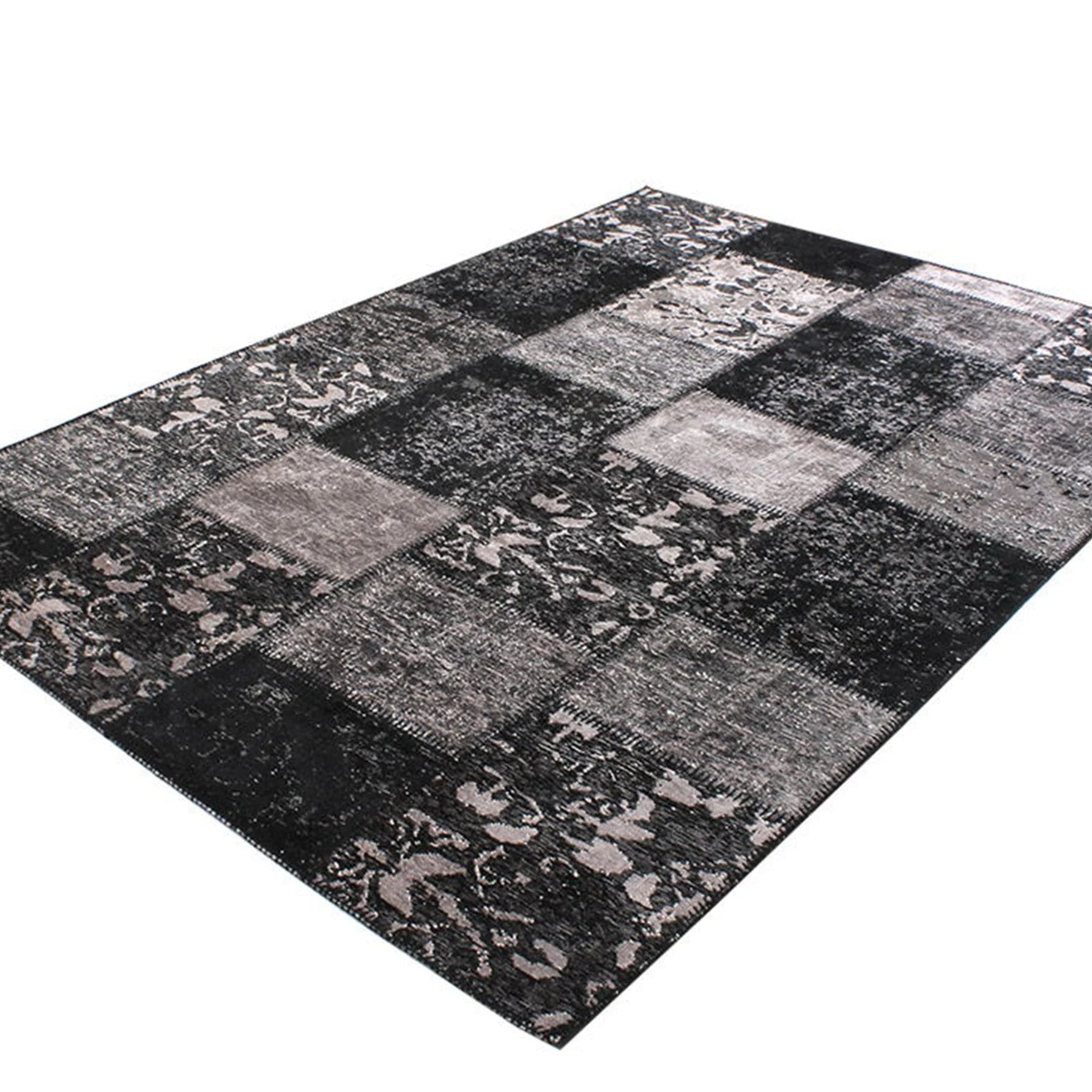 Carina Patchwork Black Distressed Turkish Rug