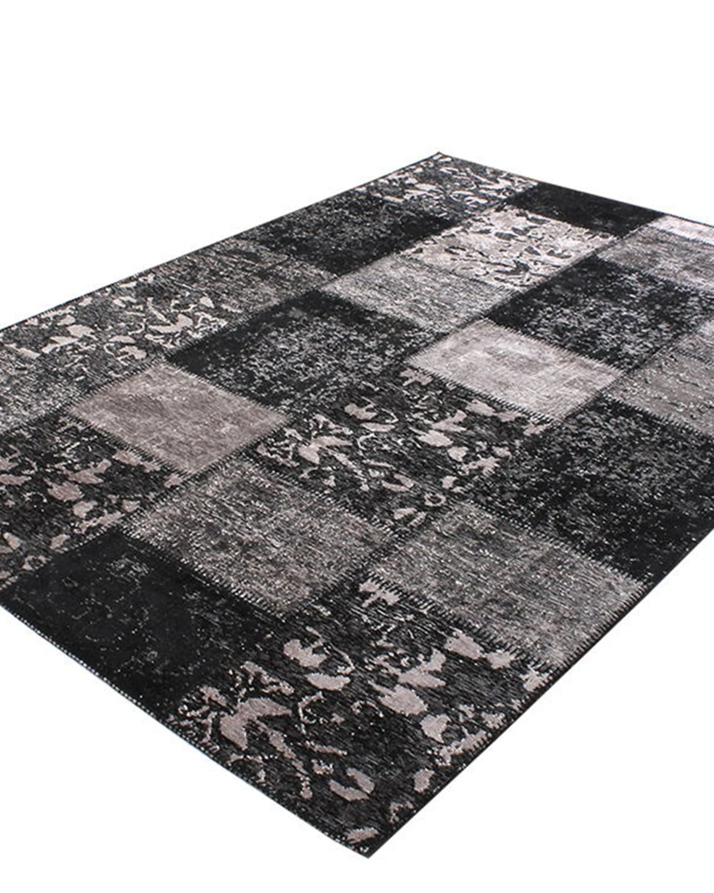 Carina Patchwork Black Distressed Turkish Rug