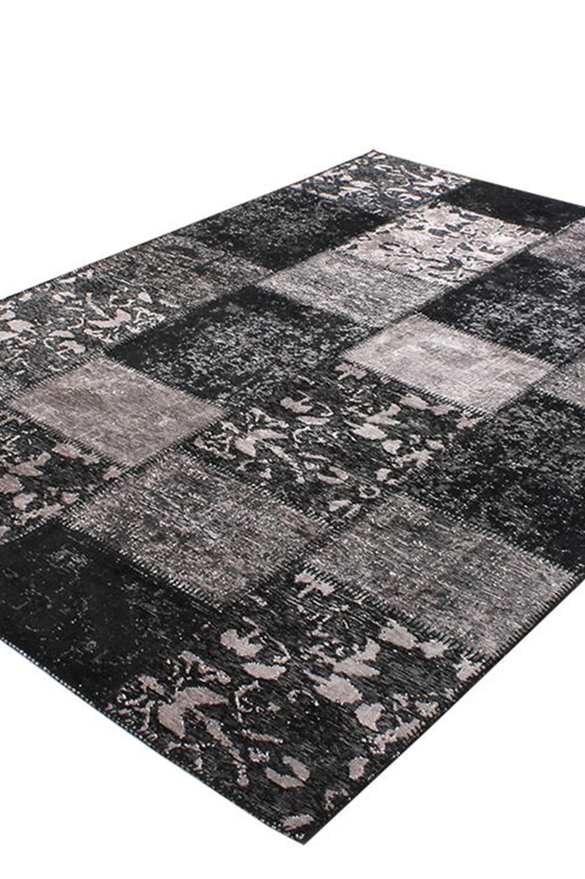 Carina Patchwork Black Distressed Turkish Rug
