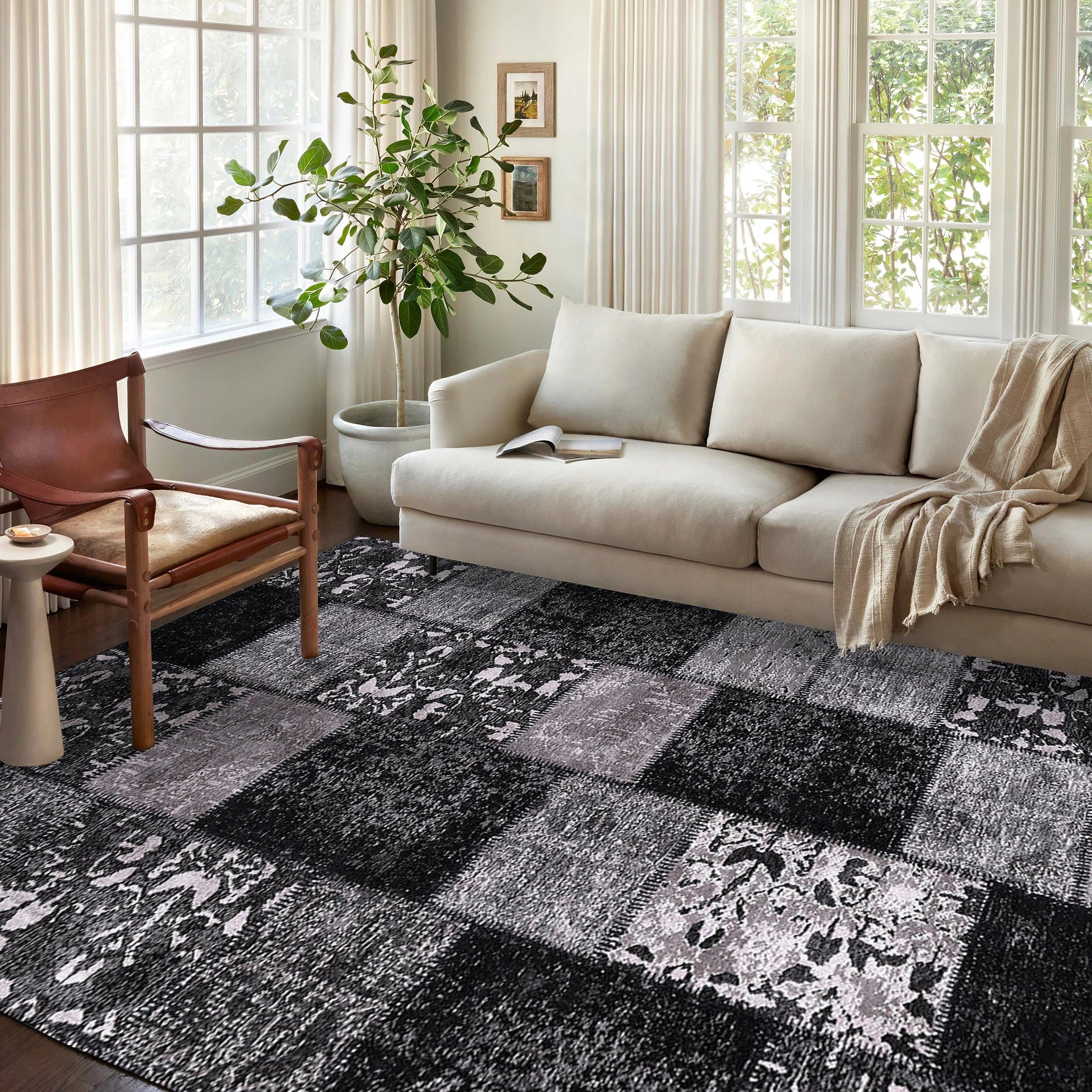 Carina Patchwork Black Distressed Turkish Rug