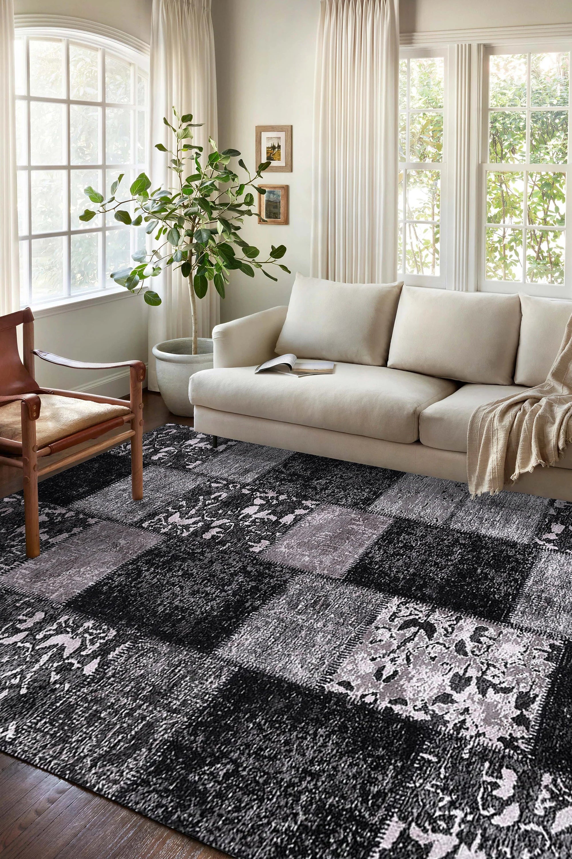 Carina Patchwork Black Distressed Turkish Rug