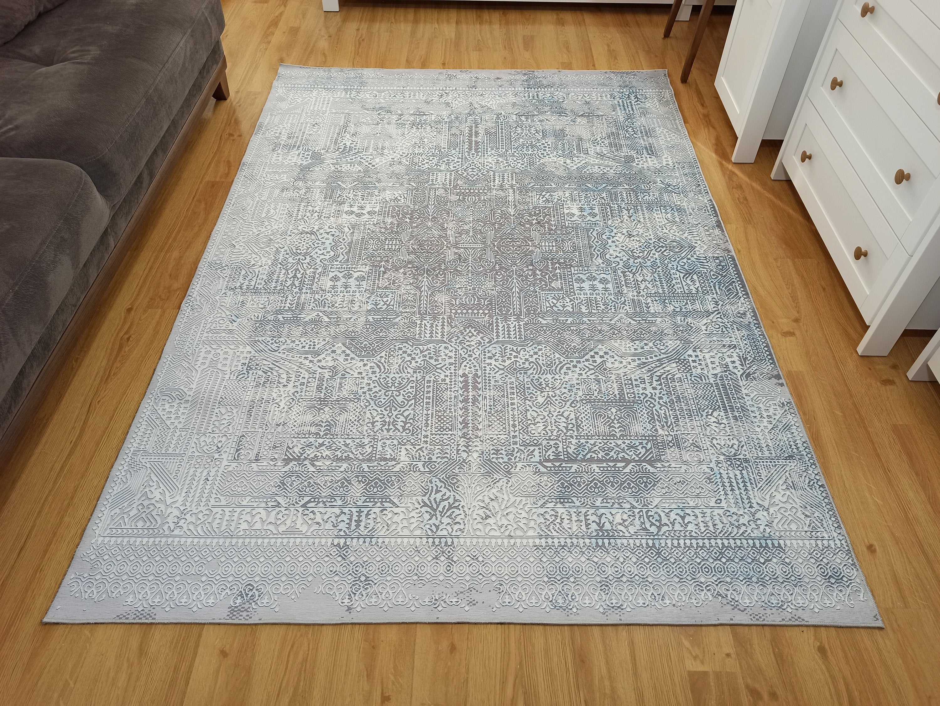 Pella Turkish Distressed Gray Light Blue White Rug