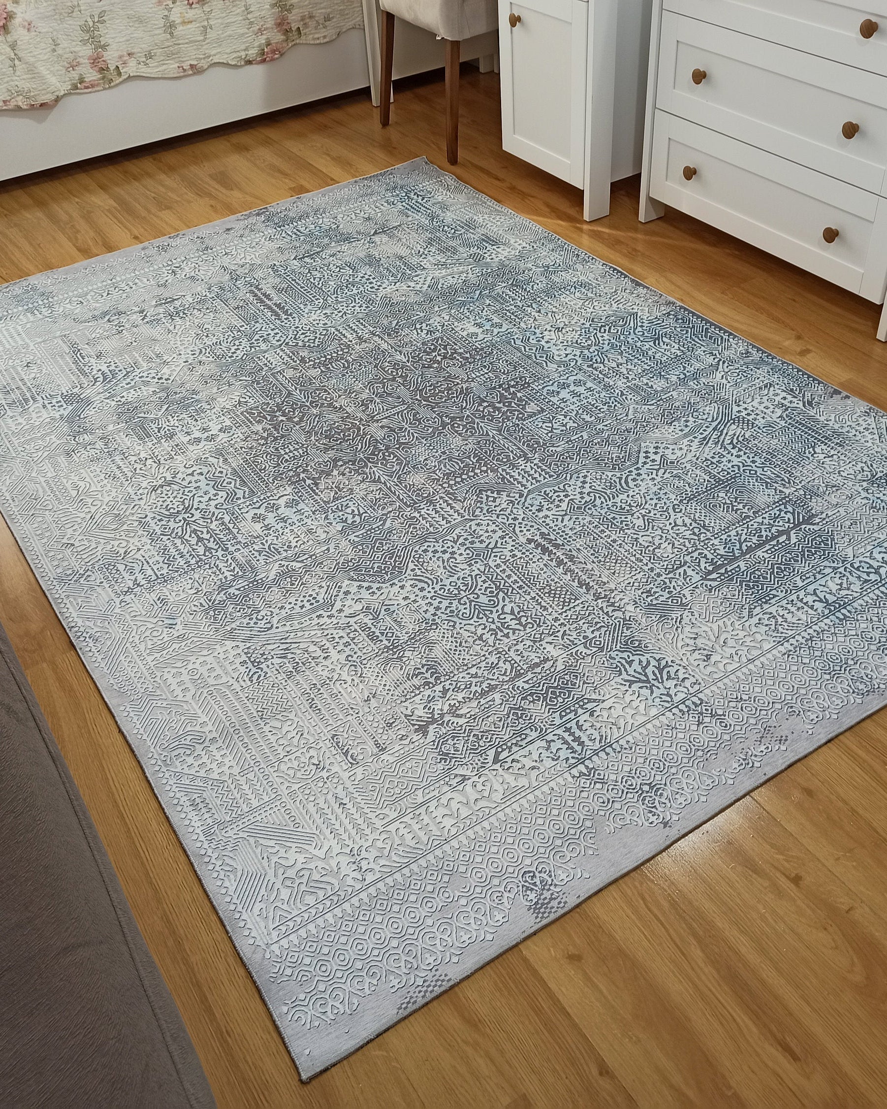 Pella Turkish Distressed Gray Light Blue White Rug