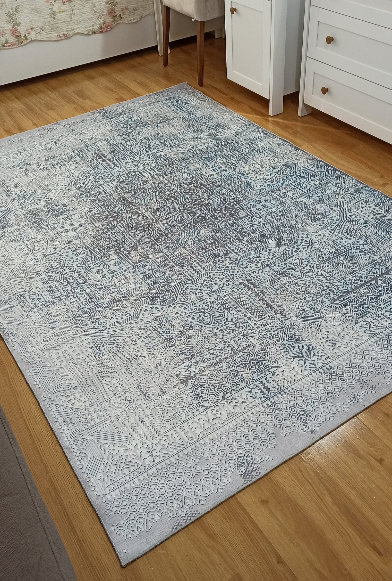 Pella Turkish Distressed Gray Light Blue White Rug