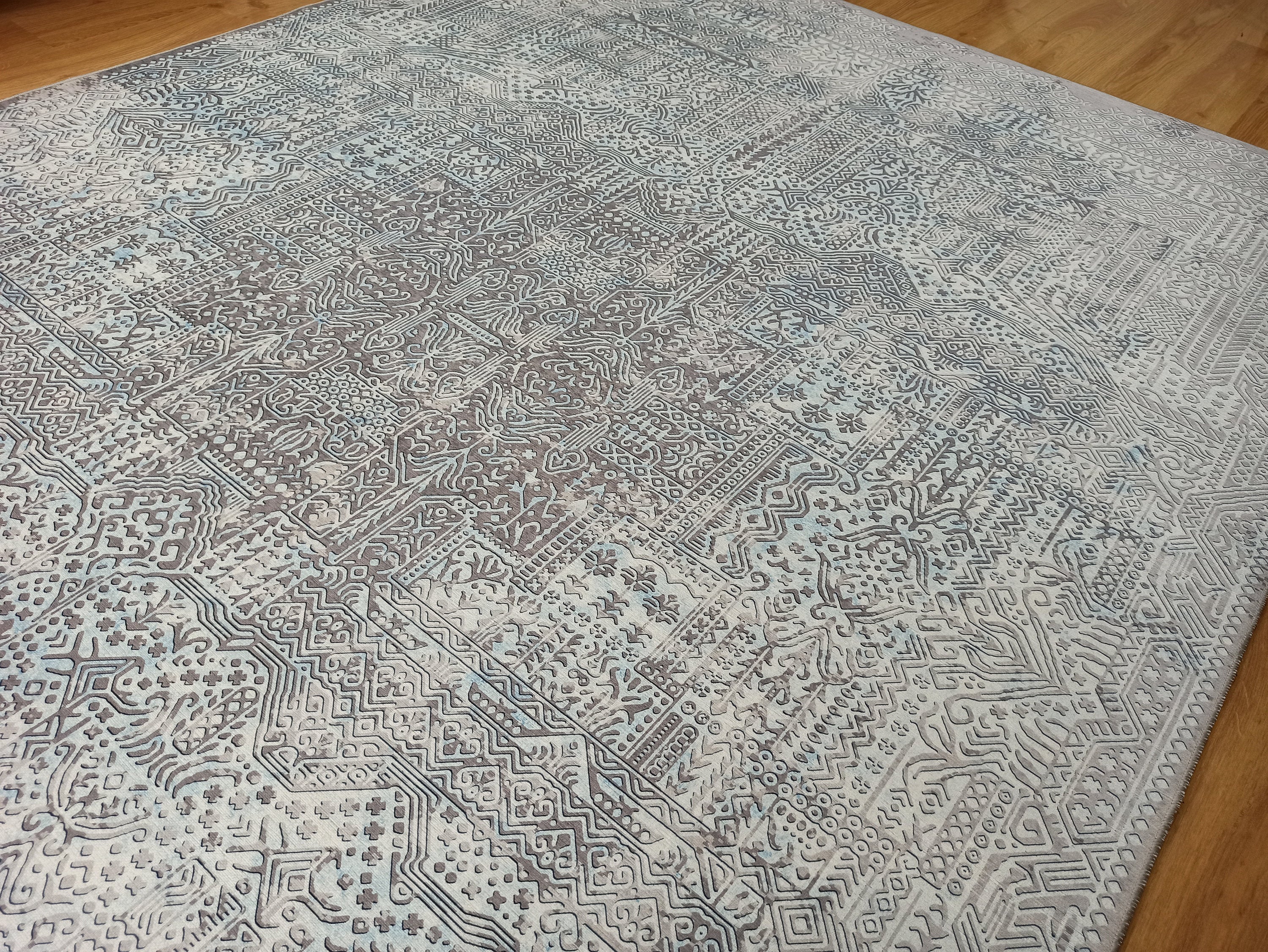 Pella Turkish Distressed Gray Light Blue White Rug