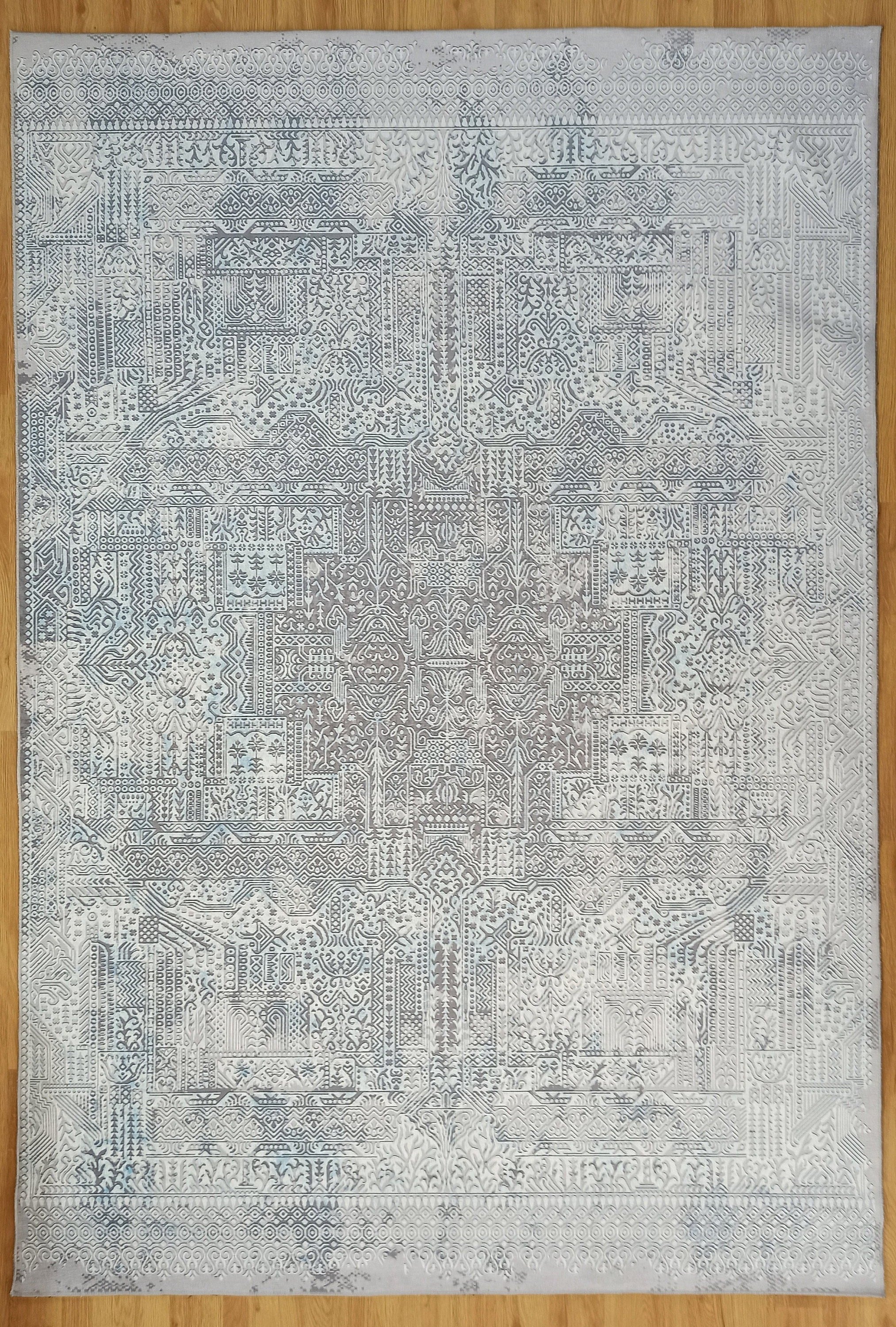 Pella Turkish Distressed Gray Light Blue White Rug