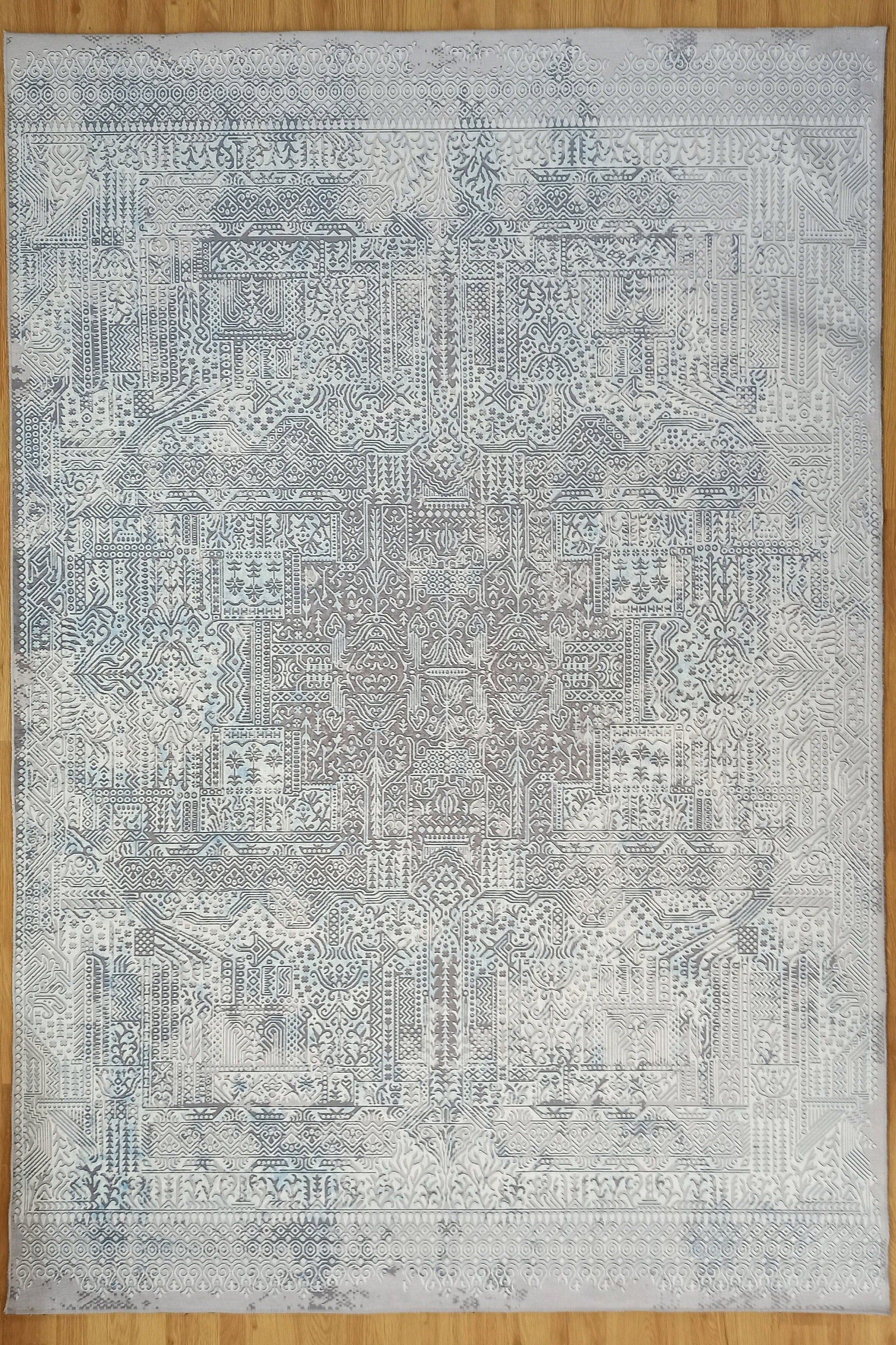 Pella Turkish Distressed Gray Light Blue White Rug