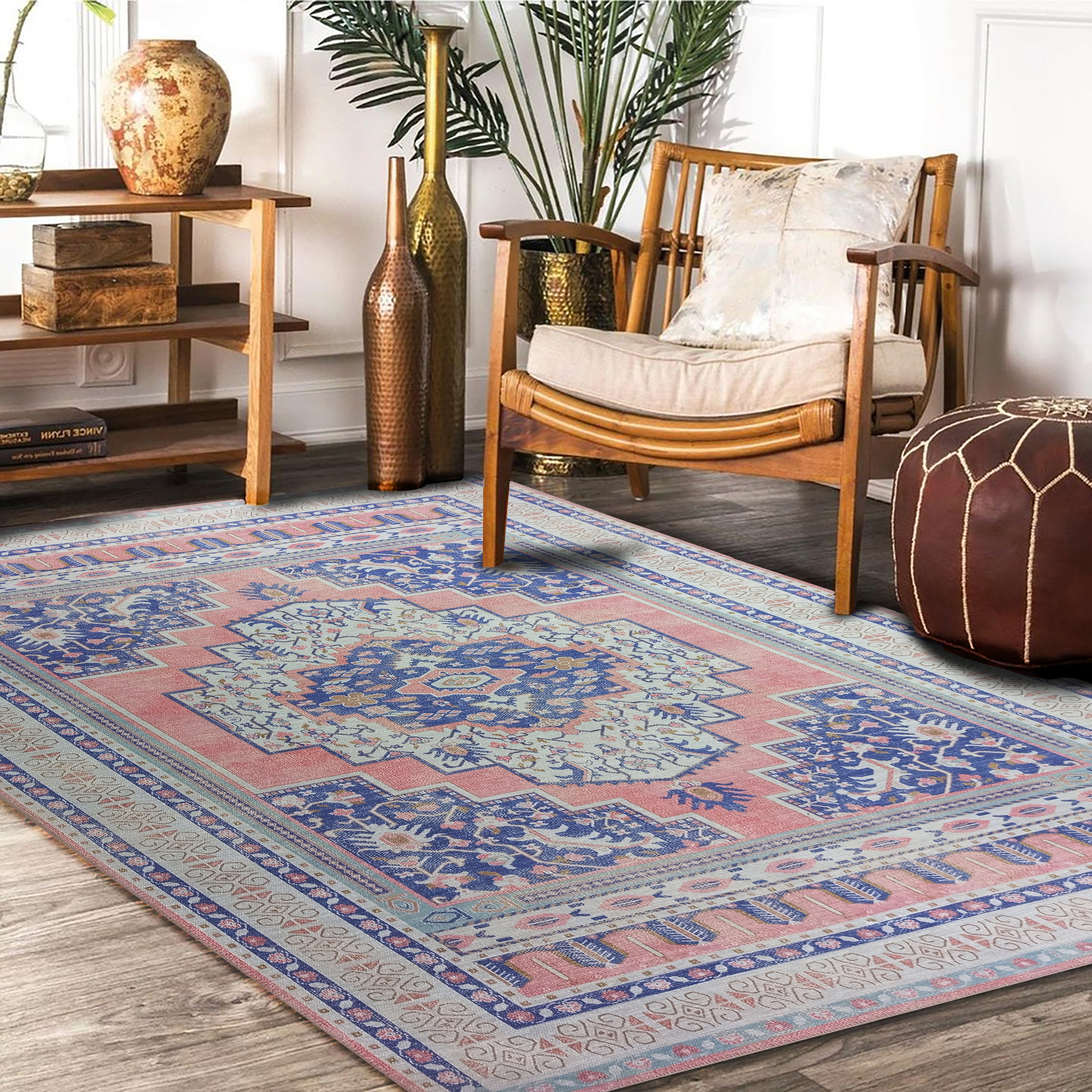 Persian Vintage Rug, Shades of Pale Pink & Midnight Navy Blue Oriental Antique Hamadan Inspired Shabby Chic Area Rugs Living room Bedroom-famerugs-2'x3' ft 60x90cm-fame