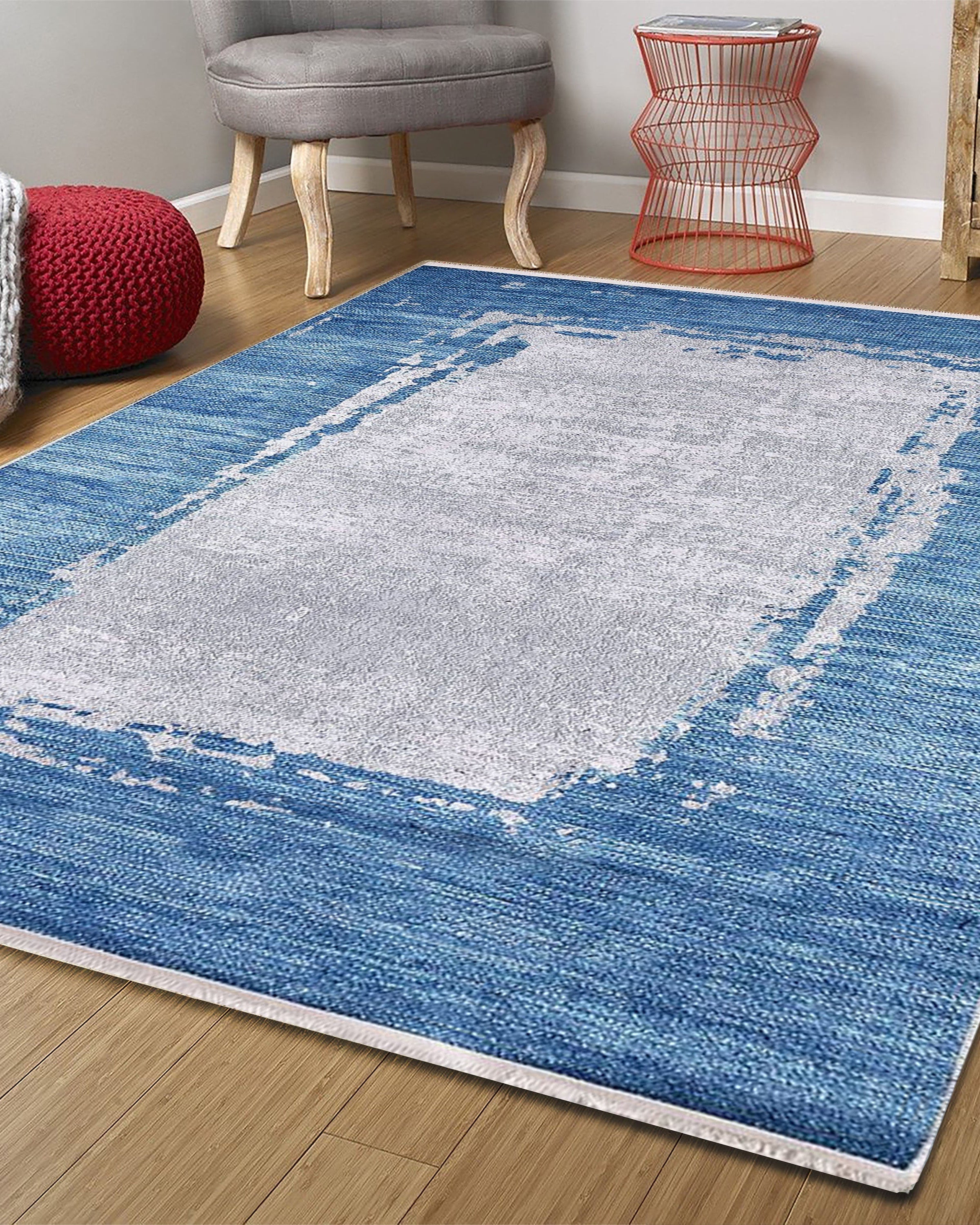 Rama Abstract Blue Border Gray Rug