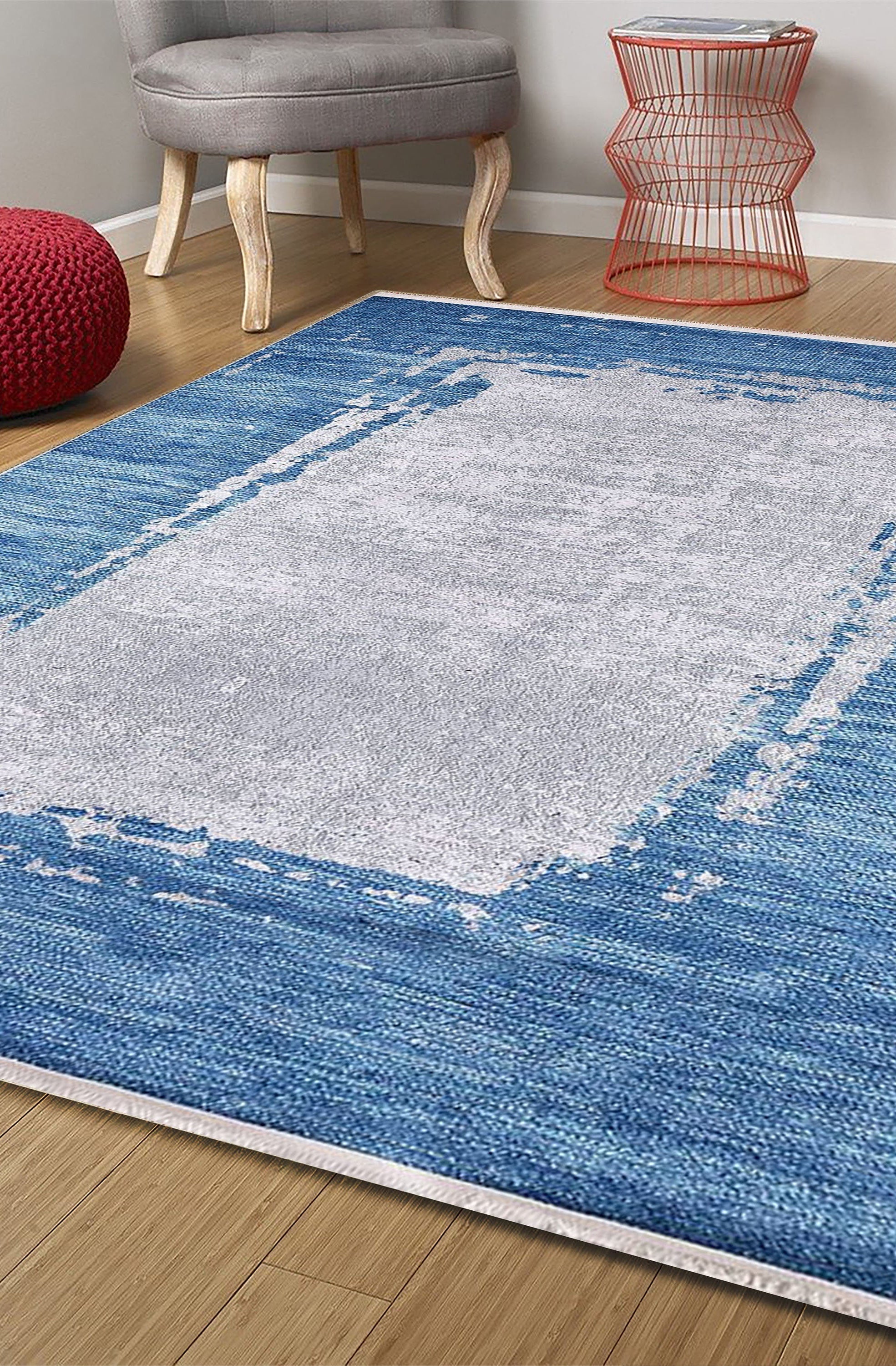 Rama Abstract Blue Border Gray Rug
