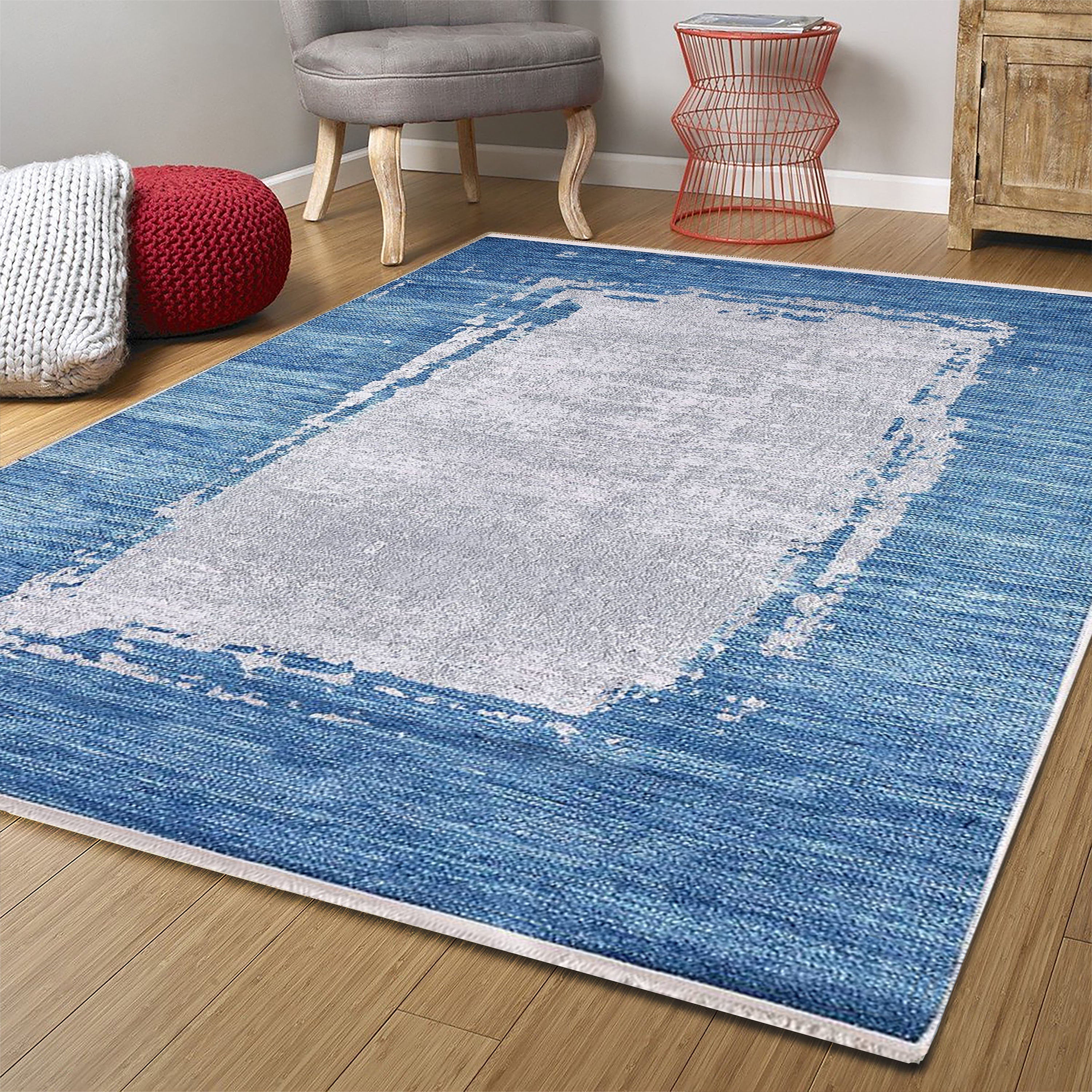 Rama Abstract Blue Border Gray Rug