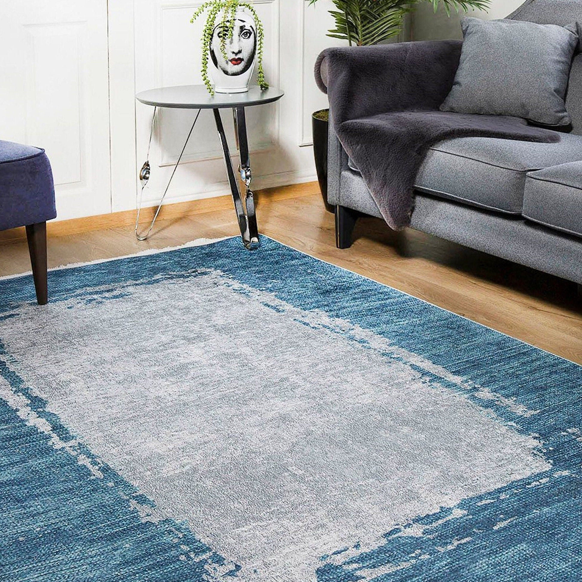 Rama Abstract Blue Border Gray Rug