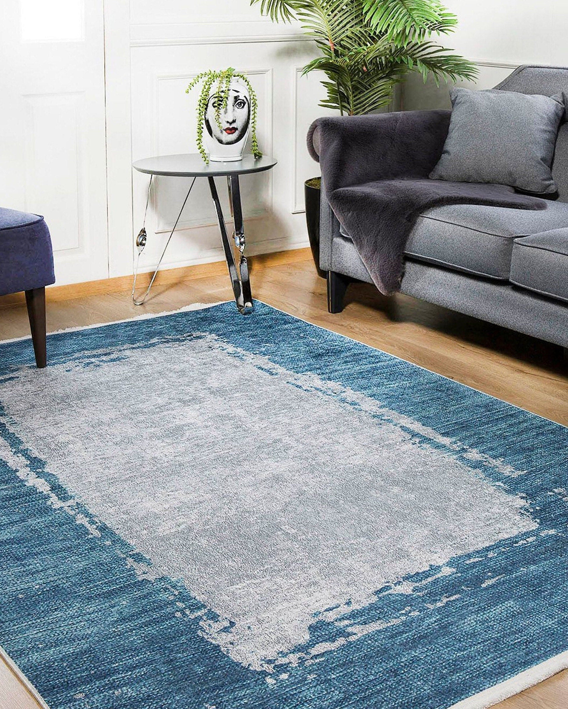 Rama Abstract Blue Border Gray Rug