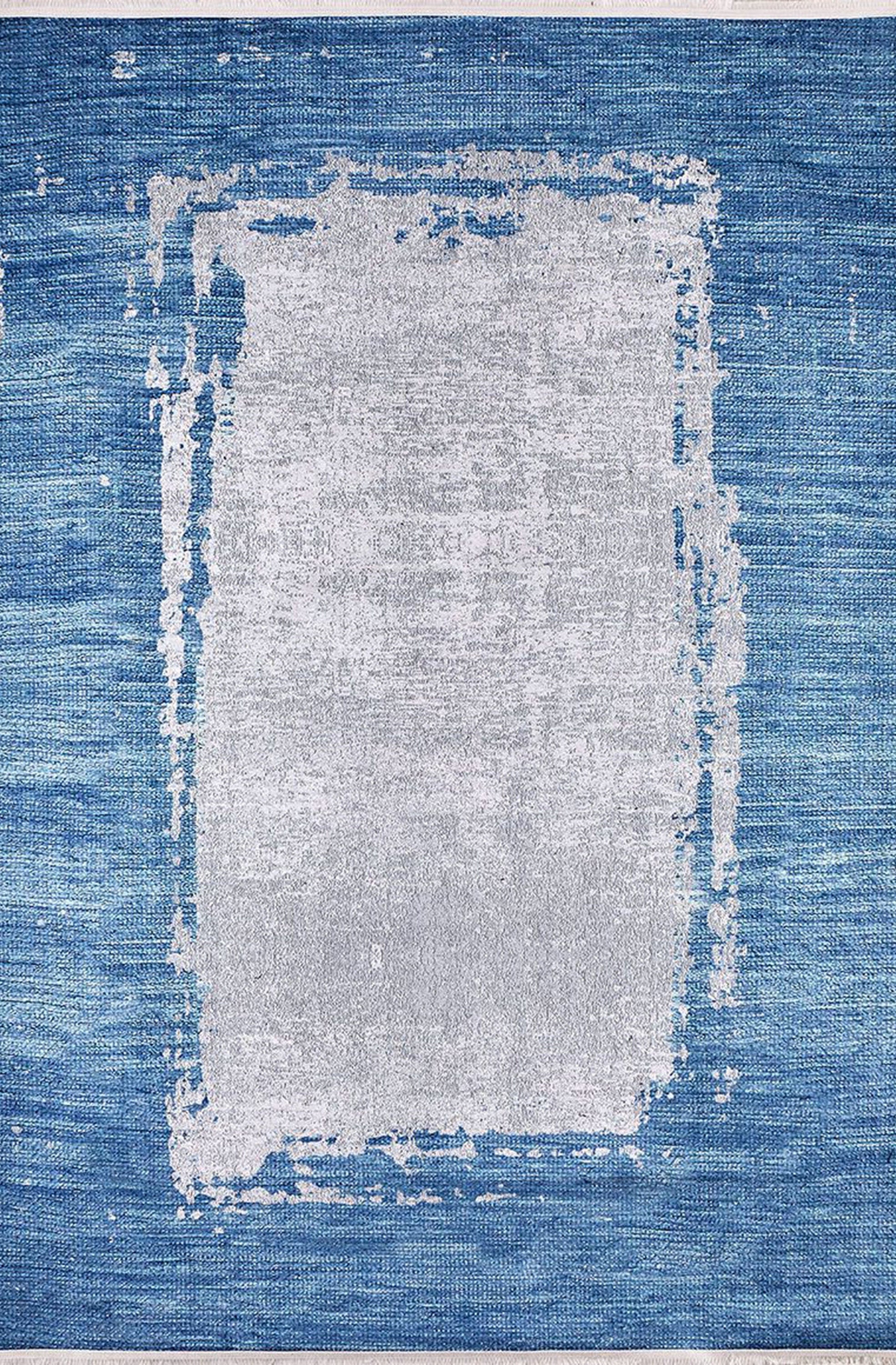 Rama Abstract Blue Border Gray Rug