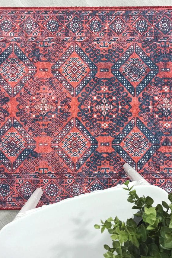 Ramsa Rug Red Navy Blue Turkish Area Rug