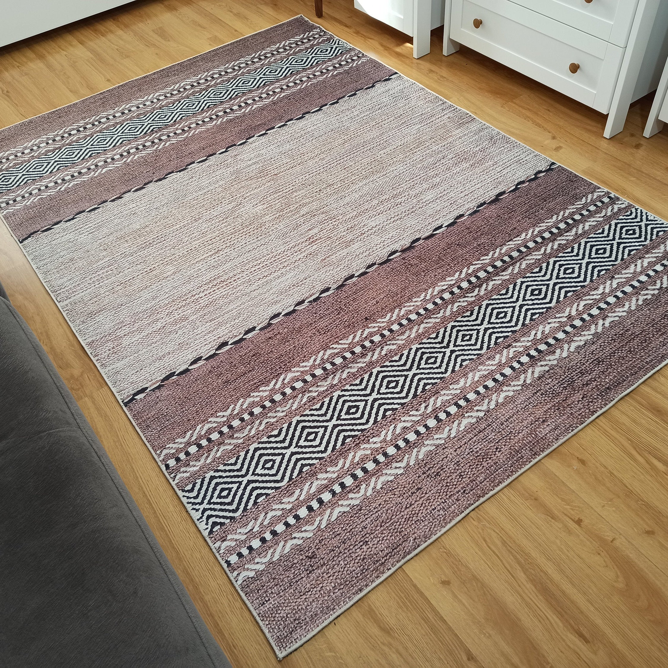 Rana Rug Kilim Design Brown Beige Striped Rug