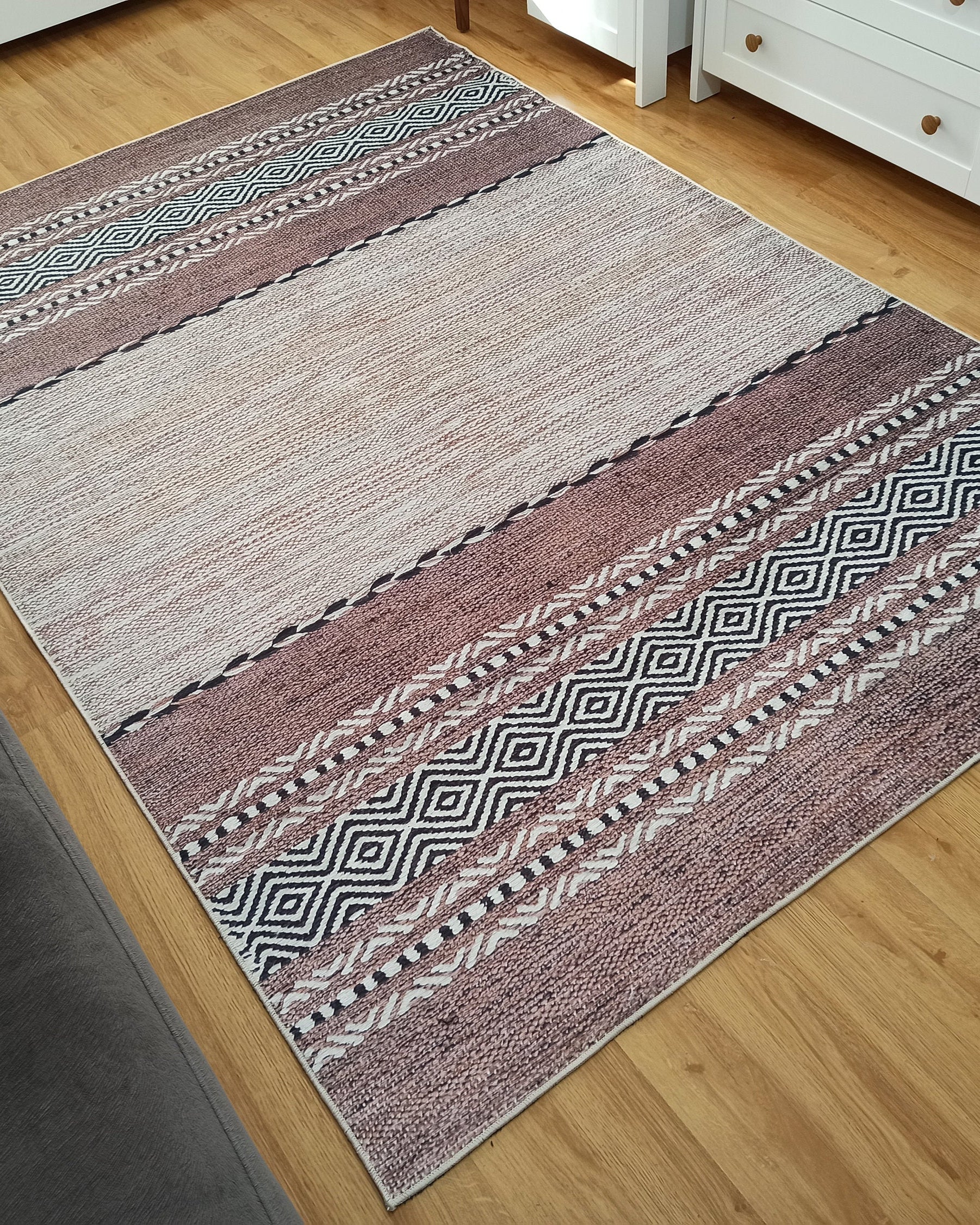 Rana Rug Kilim Design Brown Beige Striped Rug