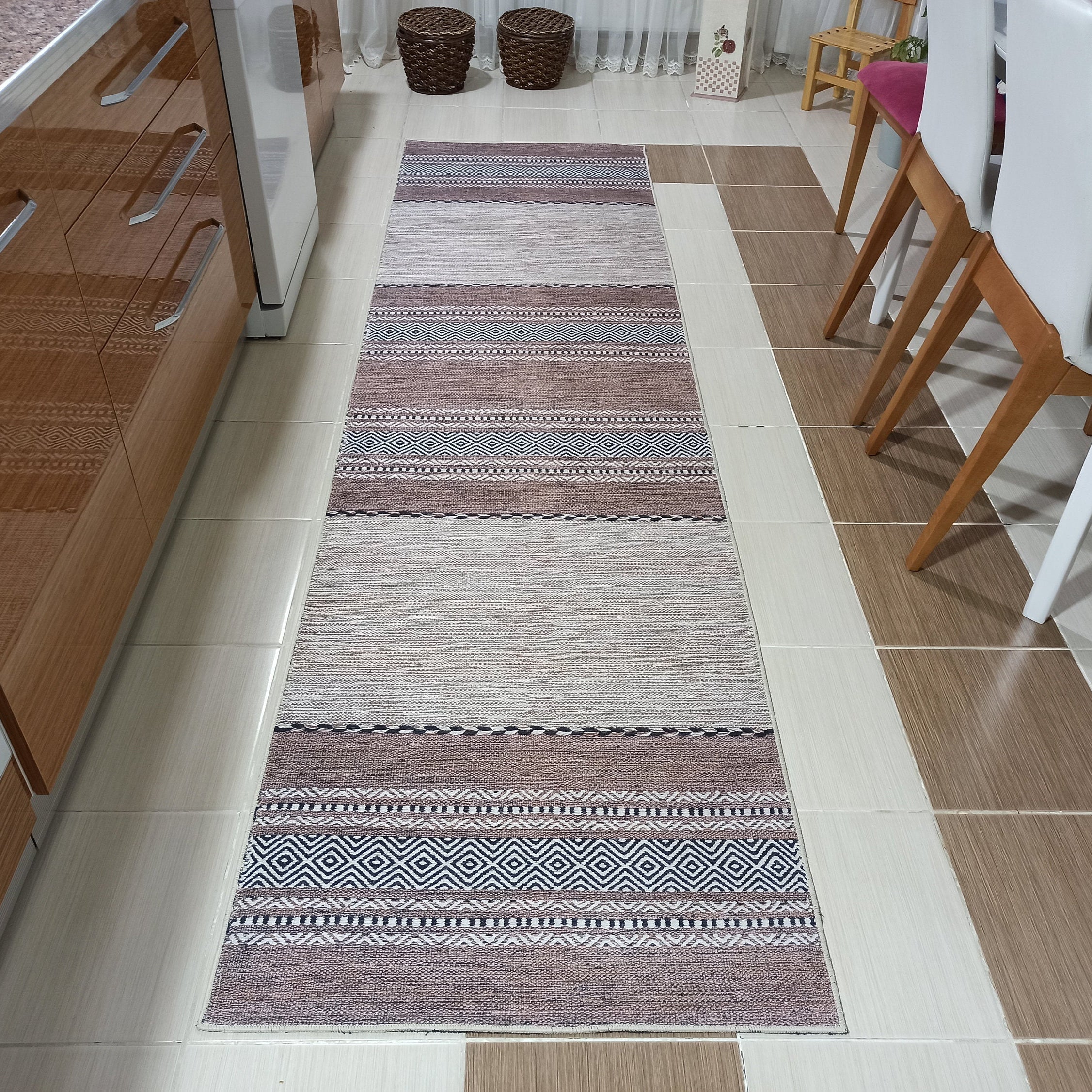 Rana Rug Kilim Design Brown Beige Striped Rug