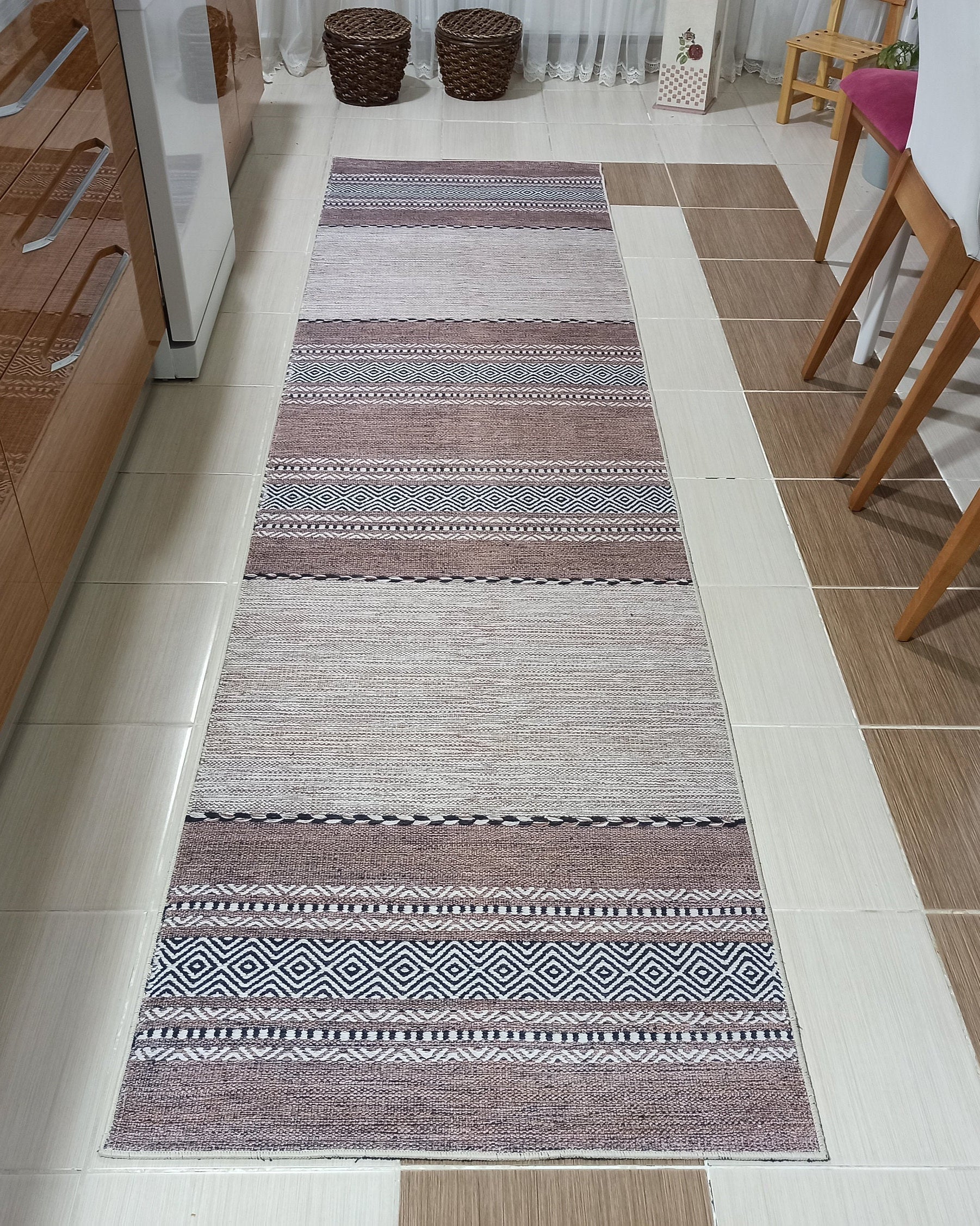 Rana Rug Kilim Design Brown Beige Striped Rug