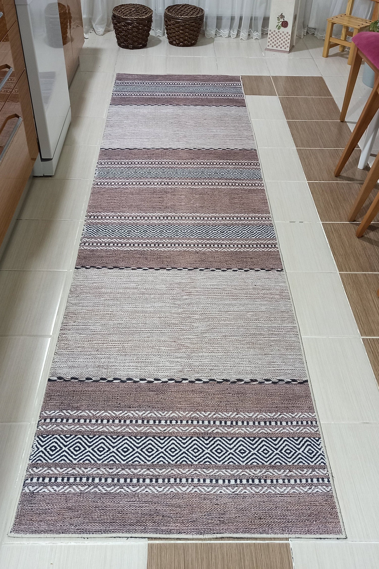 Rana Rug Kilim Design Brown Beige Striped Rug