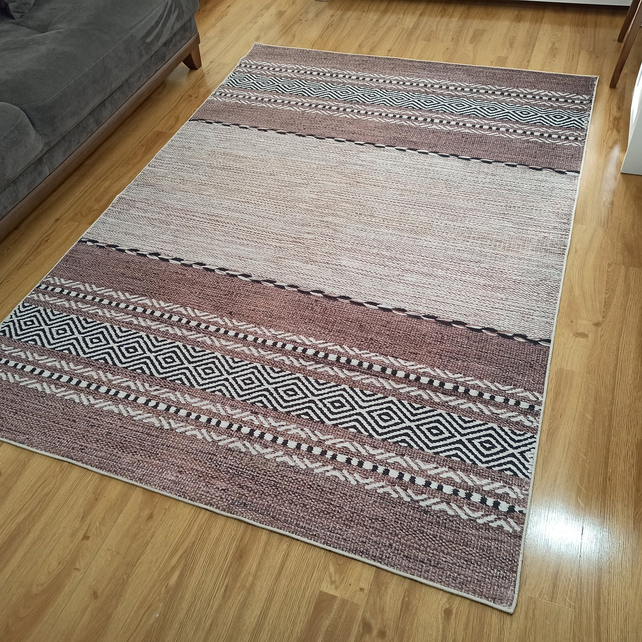 Rana Rug Kilim Design Brown Beige Striped Rug