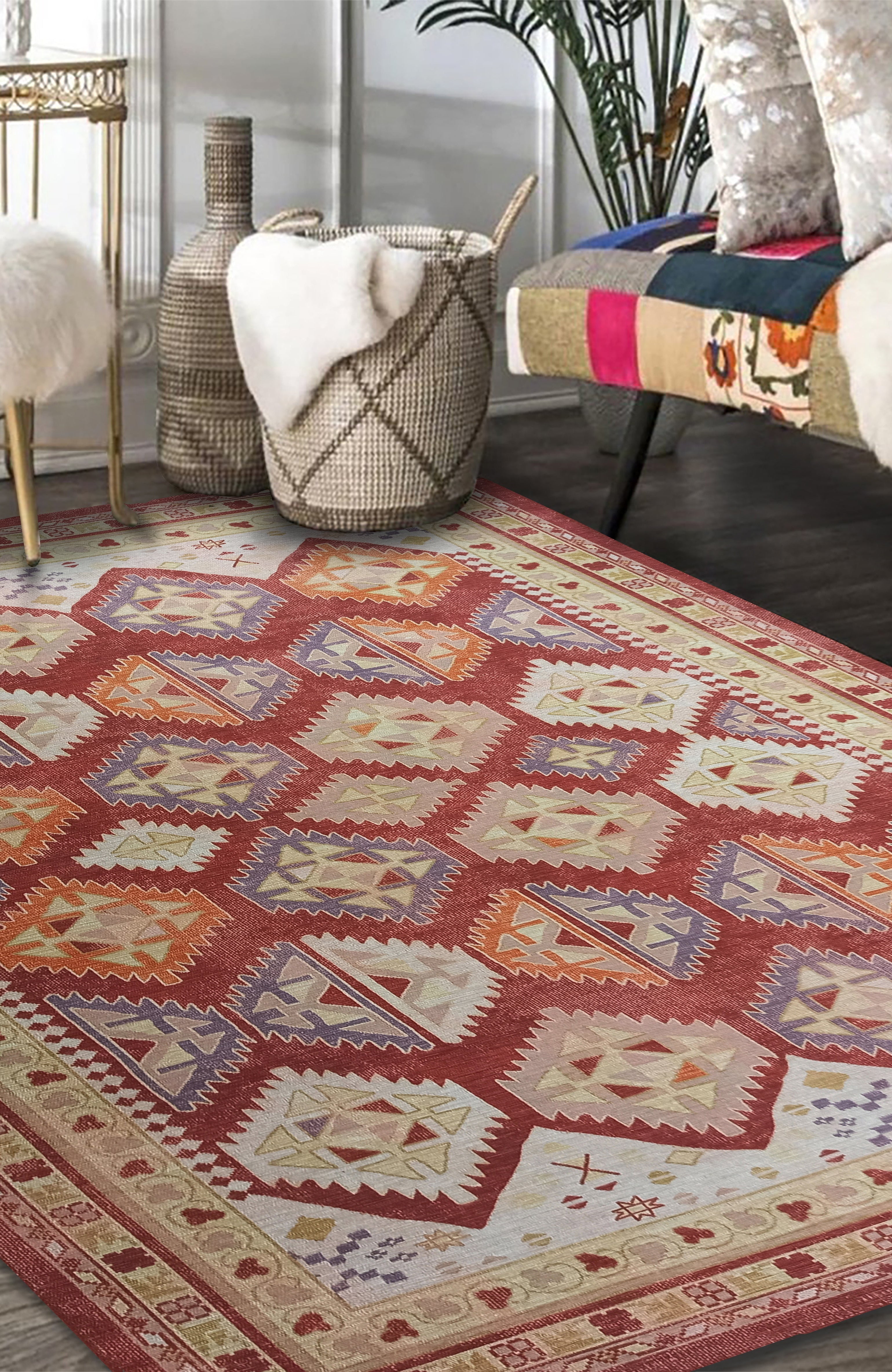 Solene Red Herki Vintage Oriental Rug