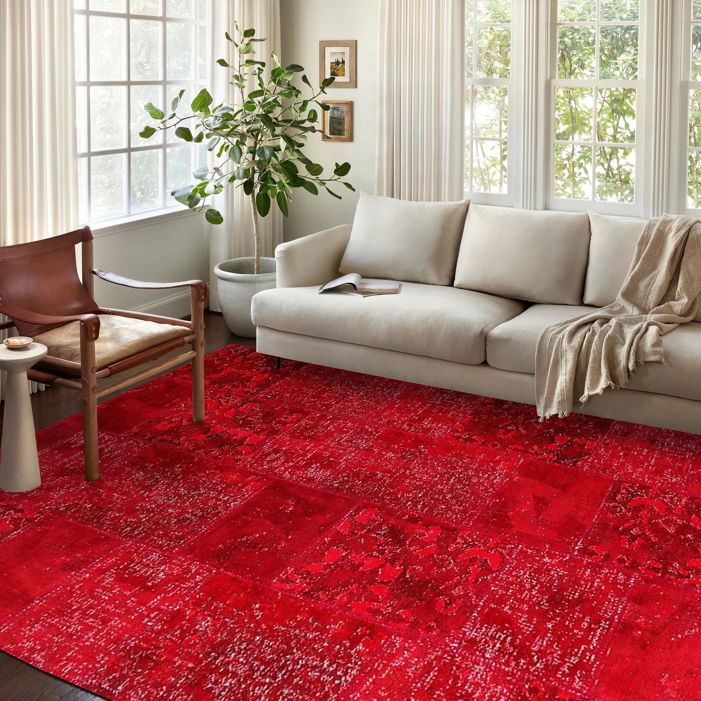 Zelia Red Distressed Patchwork Vintage Rug