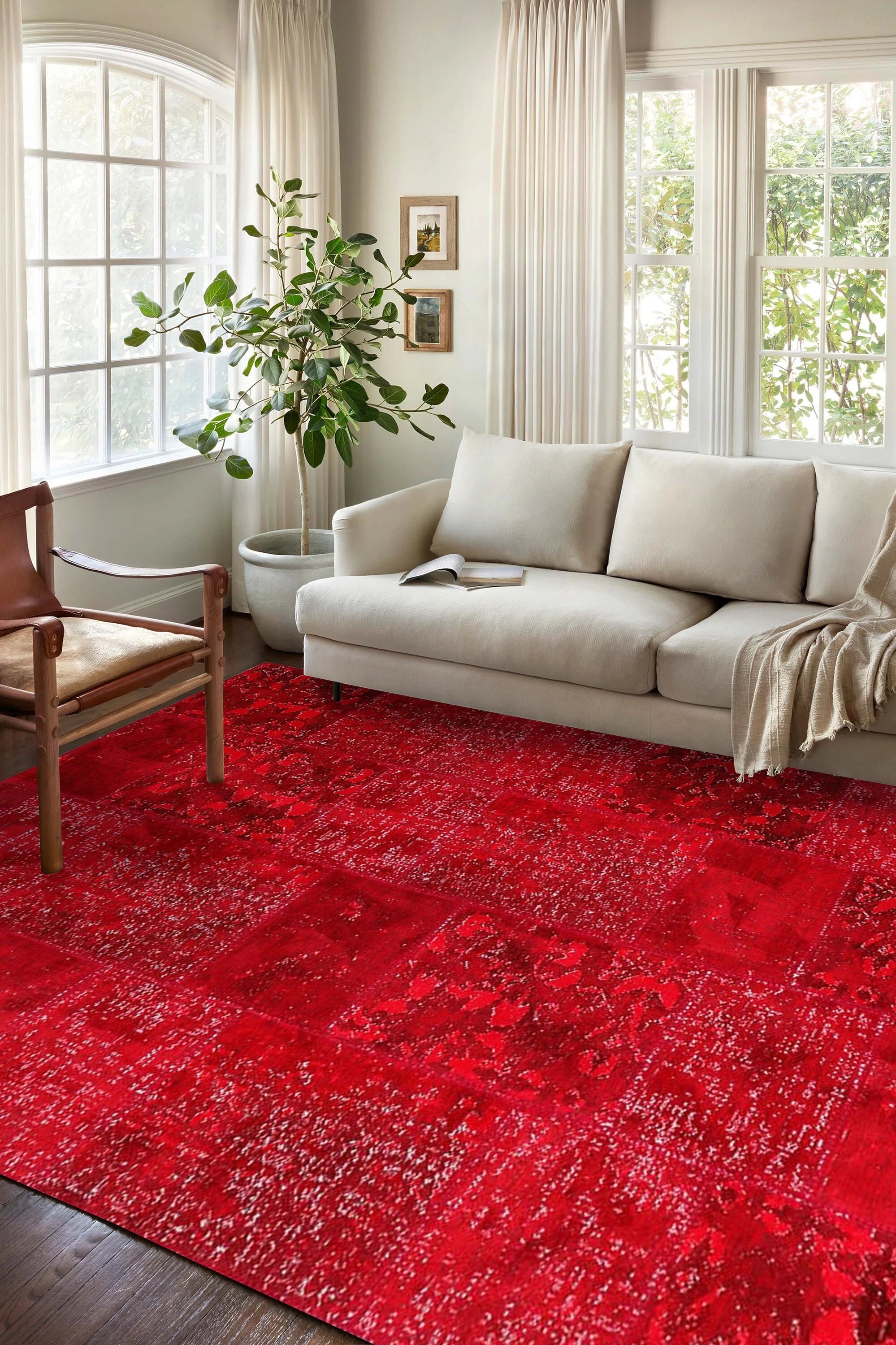 Zelia Red Distressed Patchwork Vintage Rug