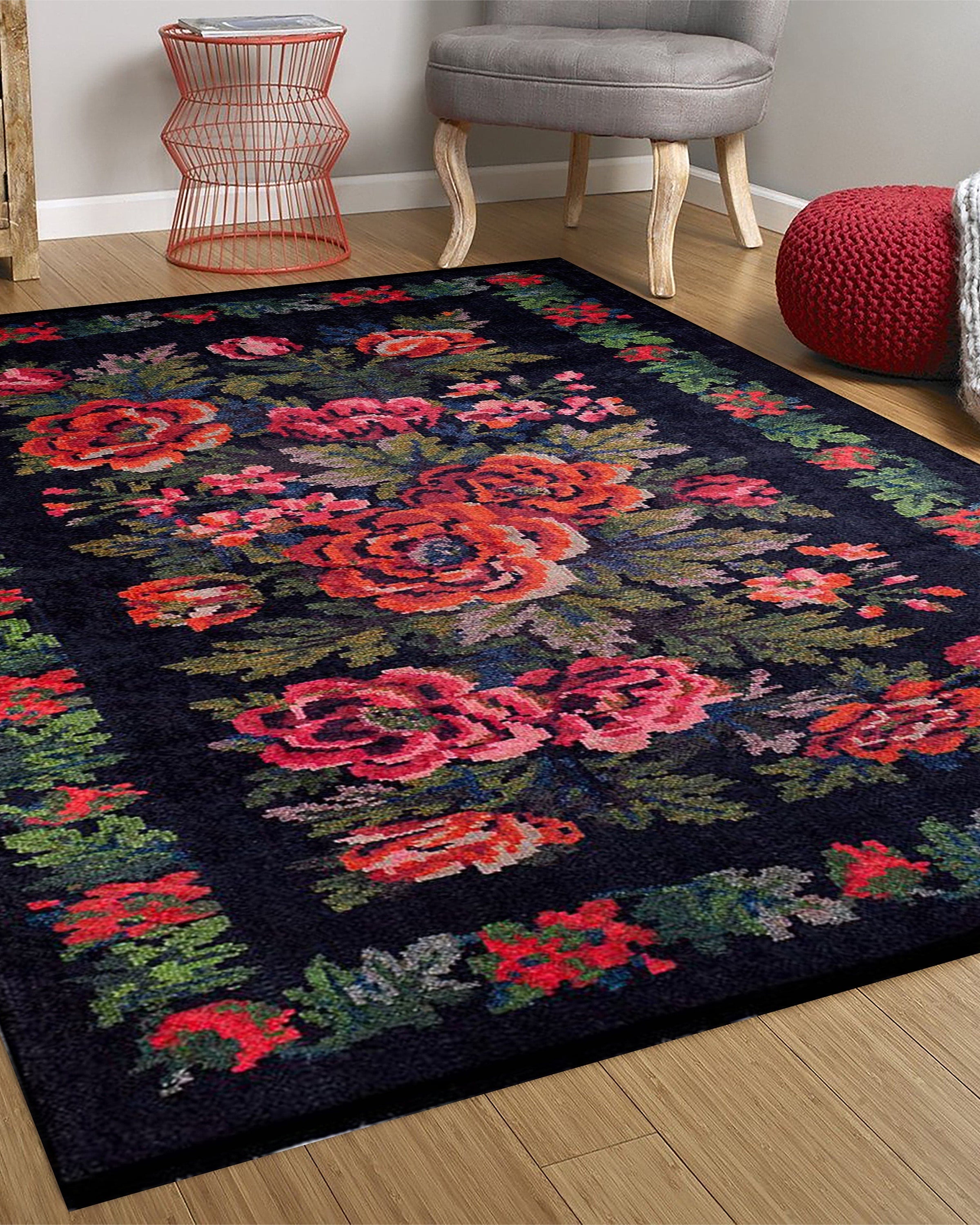 Rosia Rose Black Karabagh Floral Kilim Rug