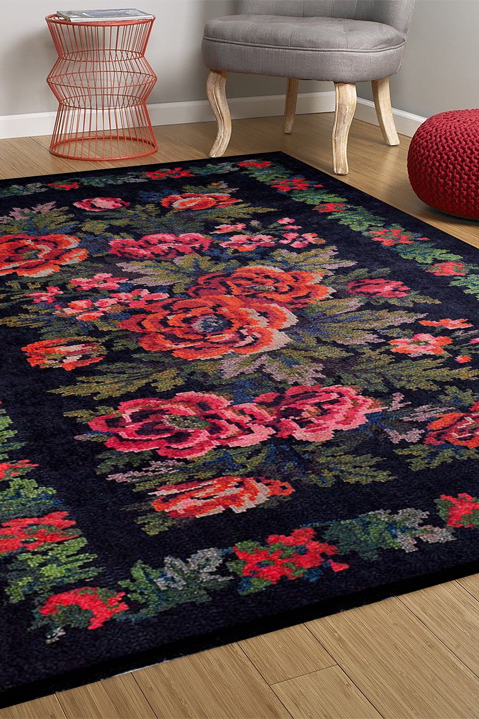 Rosia Rose Black Karabagh Floral Kilim Rug