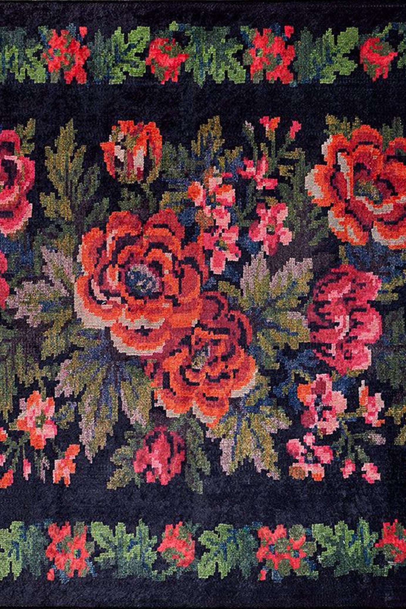 Rosia Rose Black Karabagh Floral Kilim Rug