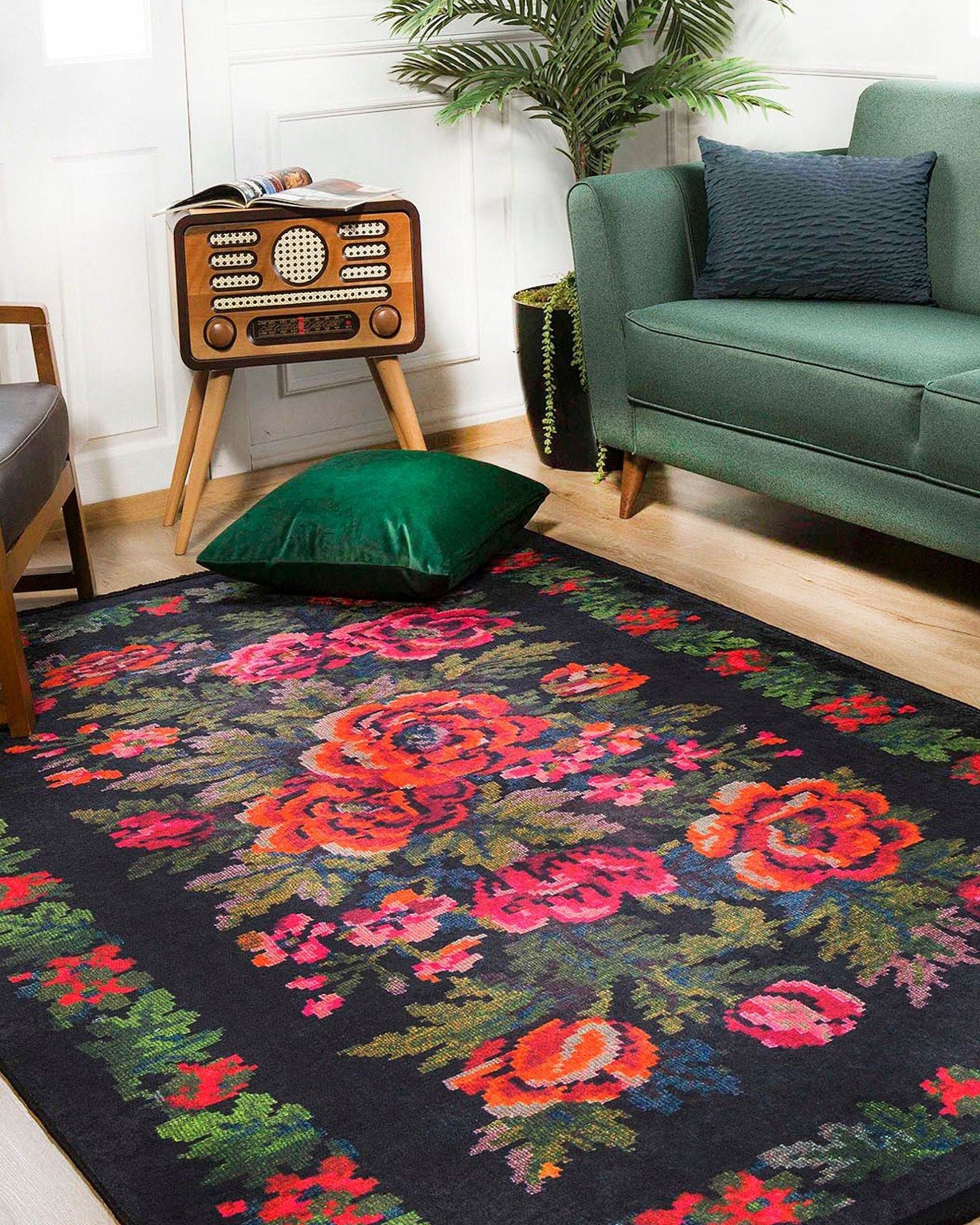 Rosia Rose Black Karabagh Floral Kilim Rug