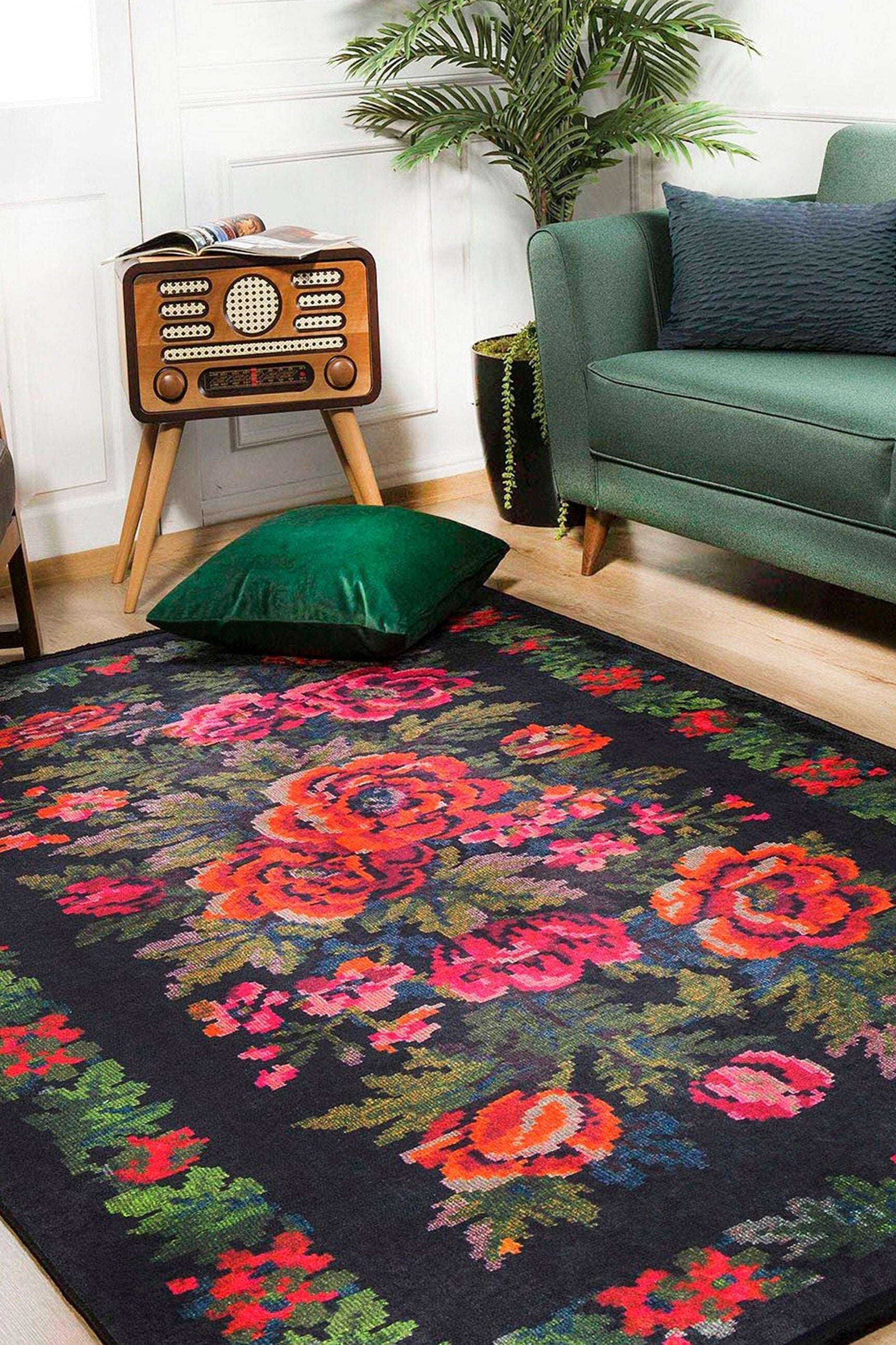 Rosia Rose Black Karabagh Floral Kilim Rug
