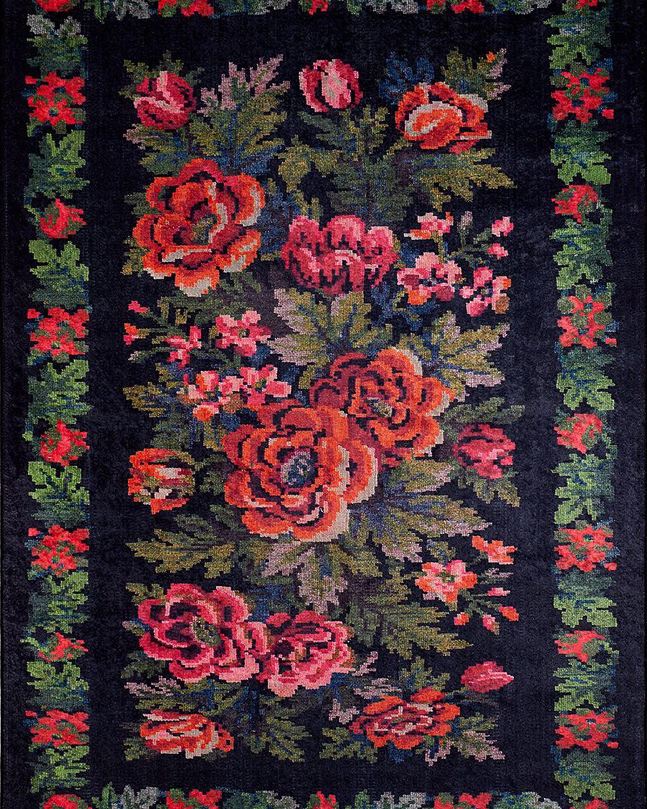 Rosia Rose Black Karabagh Floral Kilim Rug