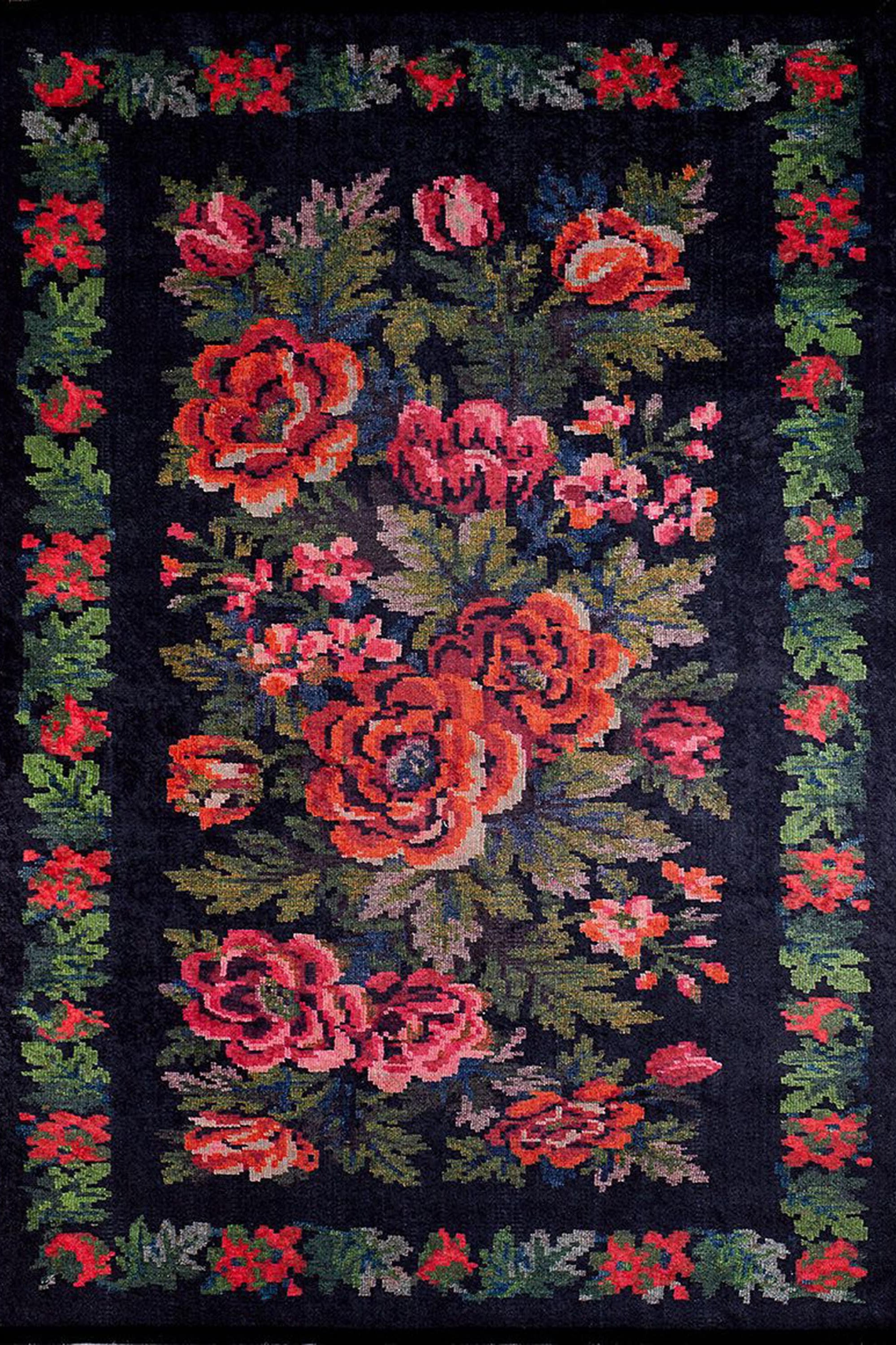 Rosia Rose Black Karabagh Floral Kilim Rug