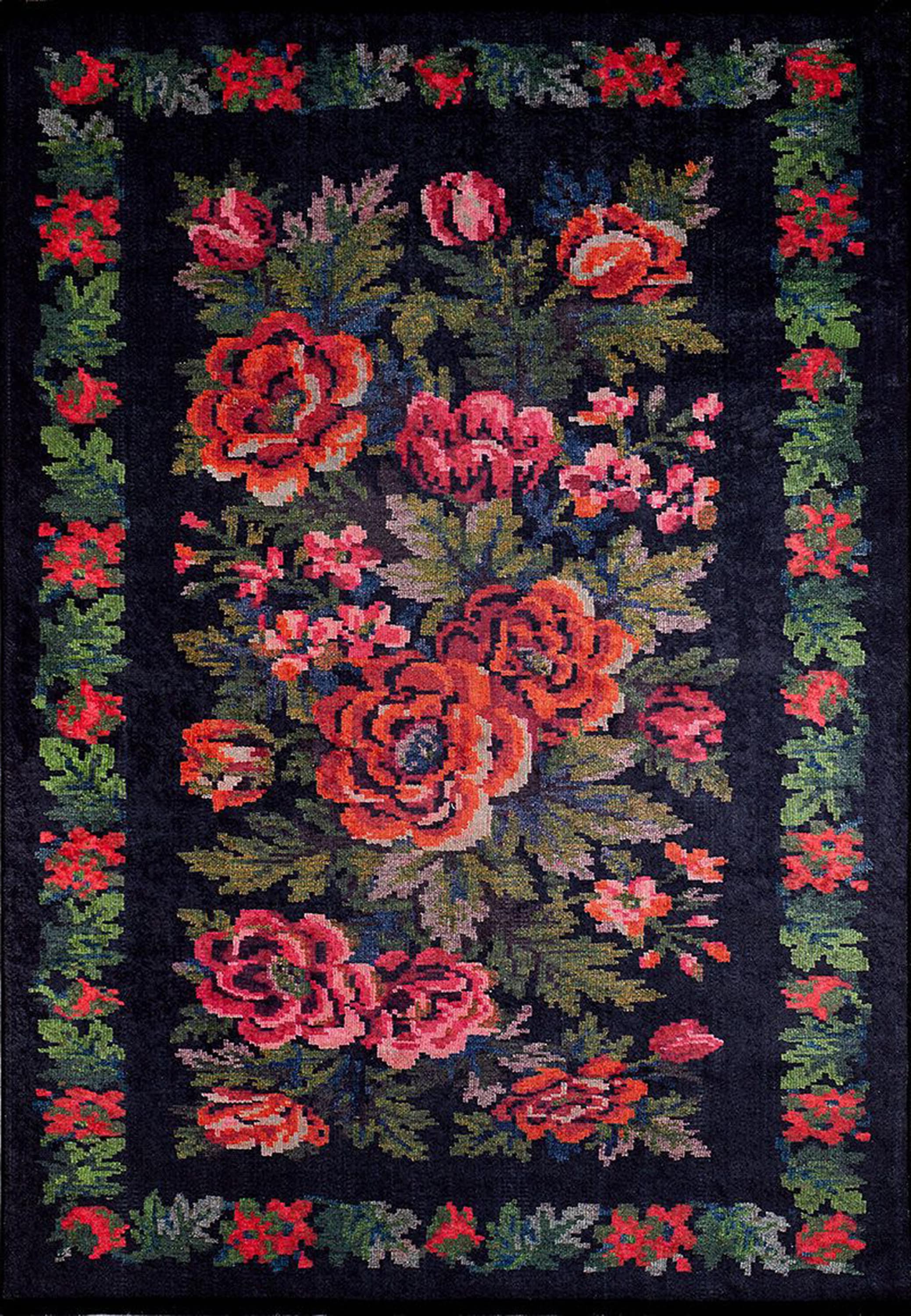 Rosia Rose Black Karabagh Floral Kilim Rug