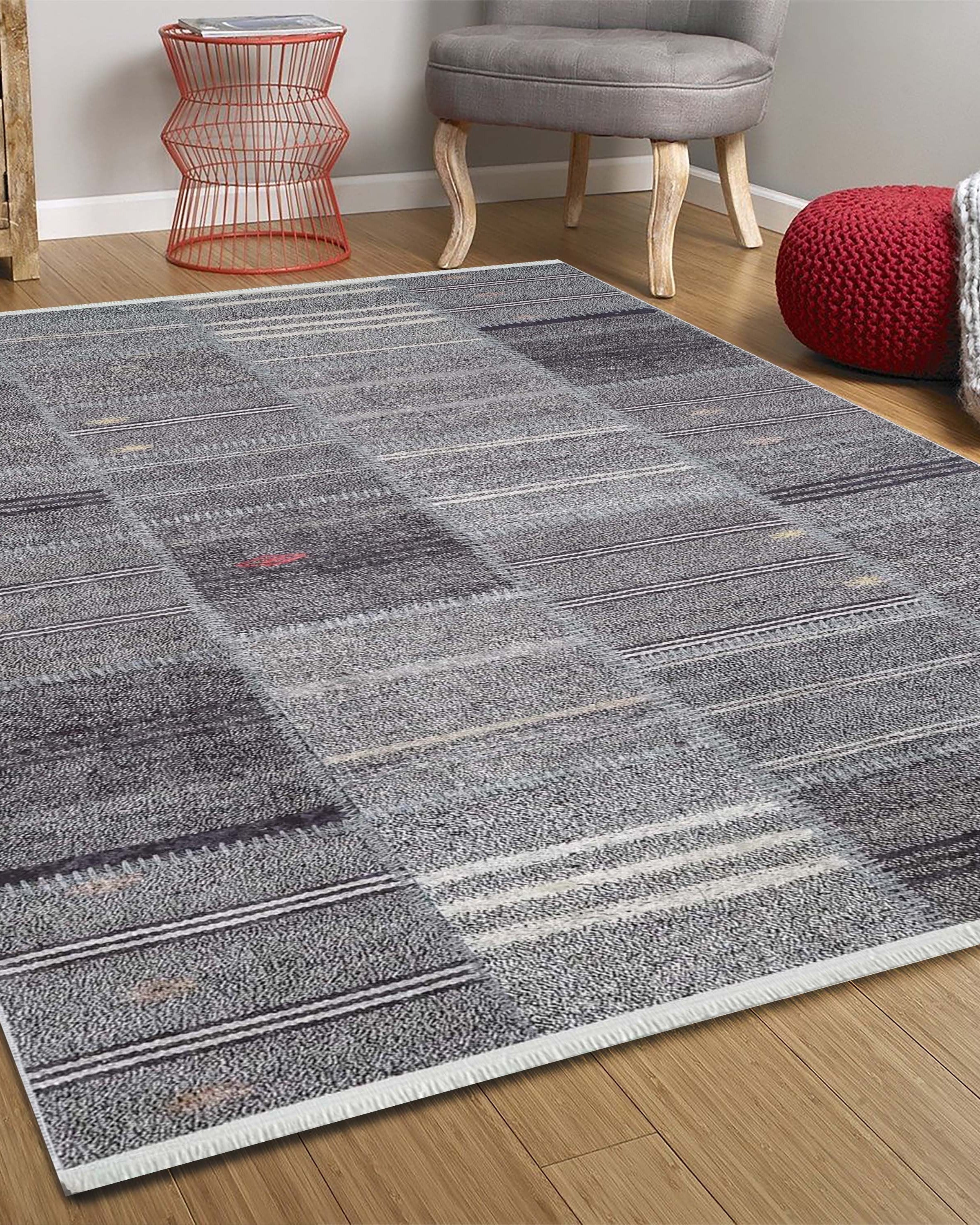 Saada Turkish Kilim Gray Solid Striped Rug